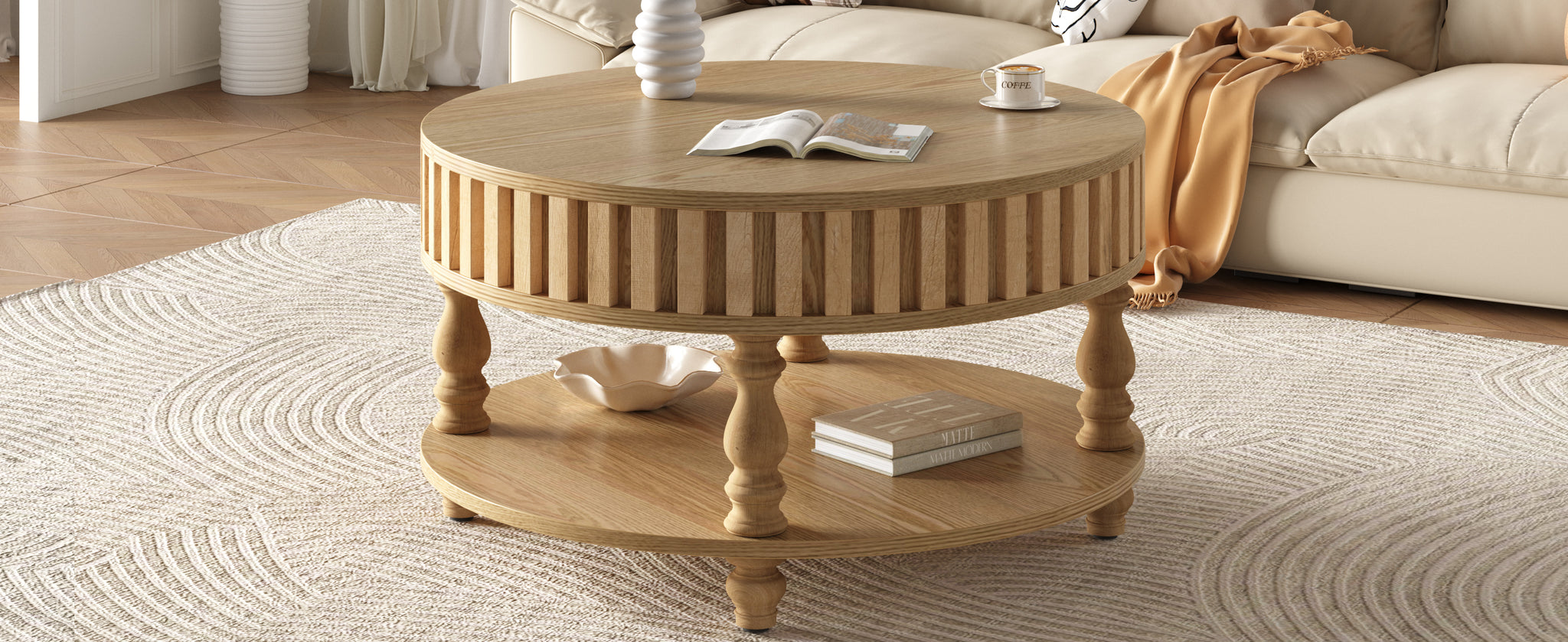 Mid-century fluted coffee table with storage in natural oak finish from Anthony & Home's Atelier Collection.