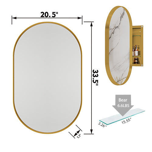 20x34 Oval Recessed Medicine Cabinet Metal Framed Matte Gold