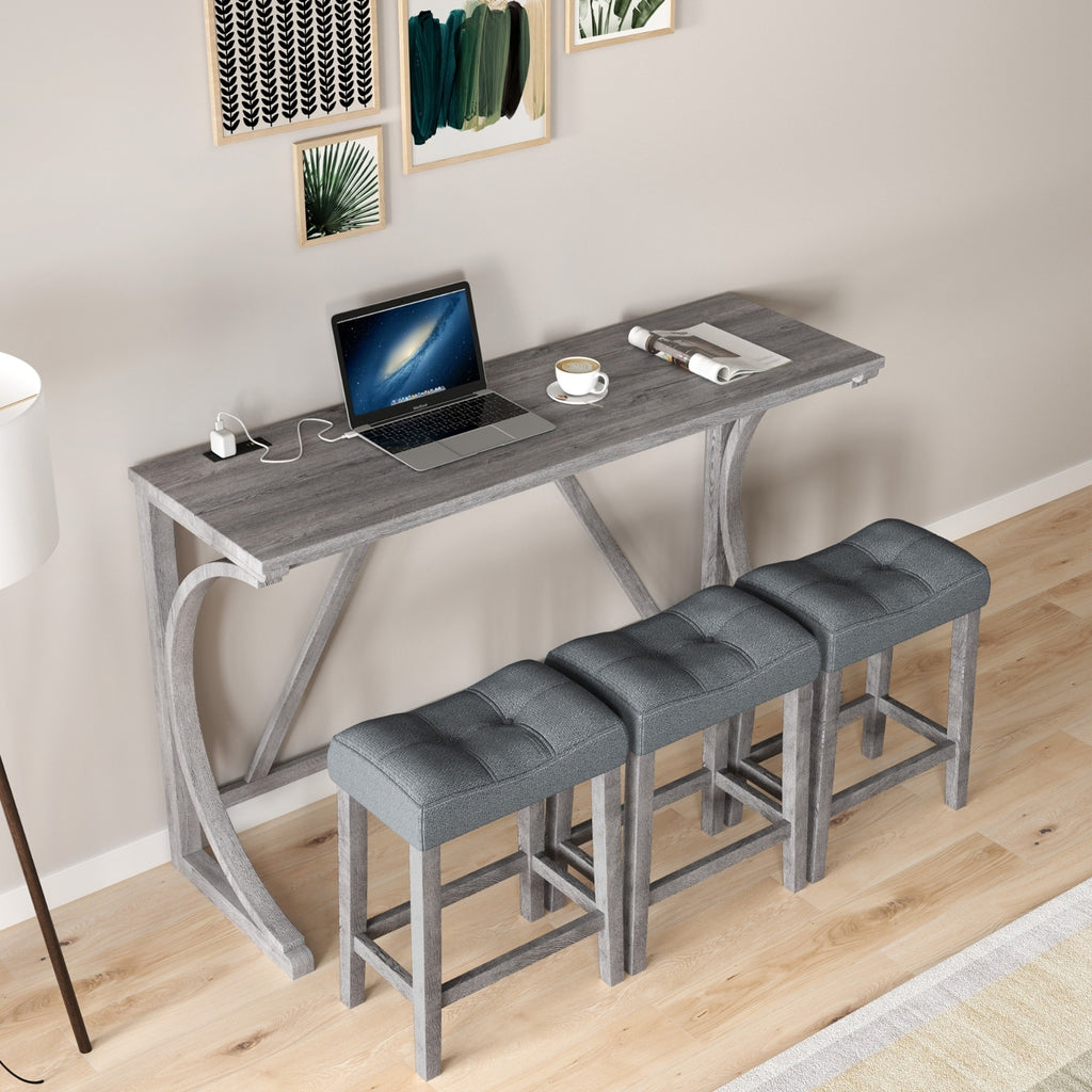 Gray Industrial Bar Table Set With Power Outlet And Chairs