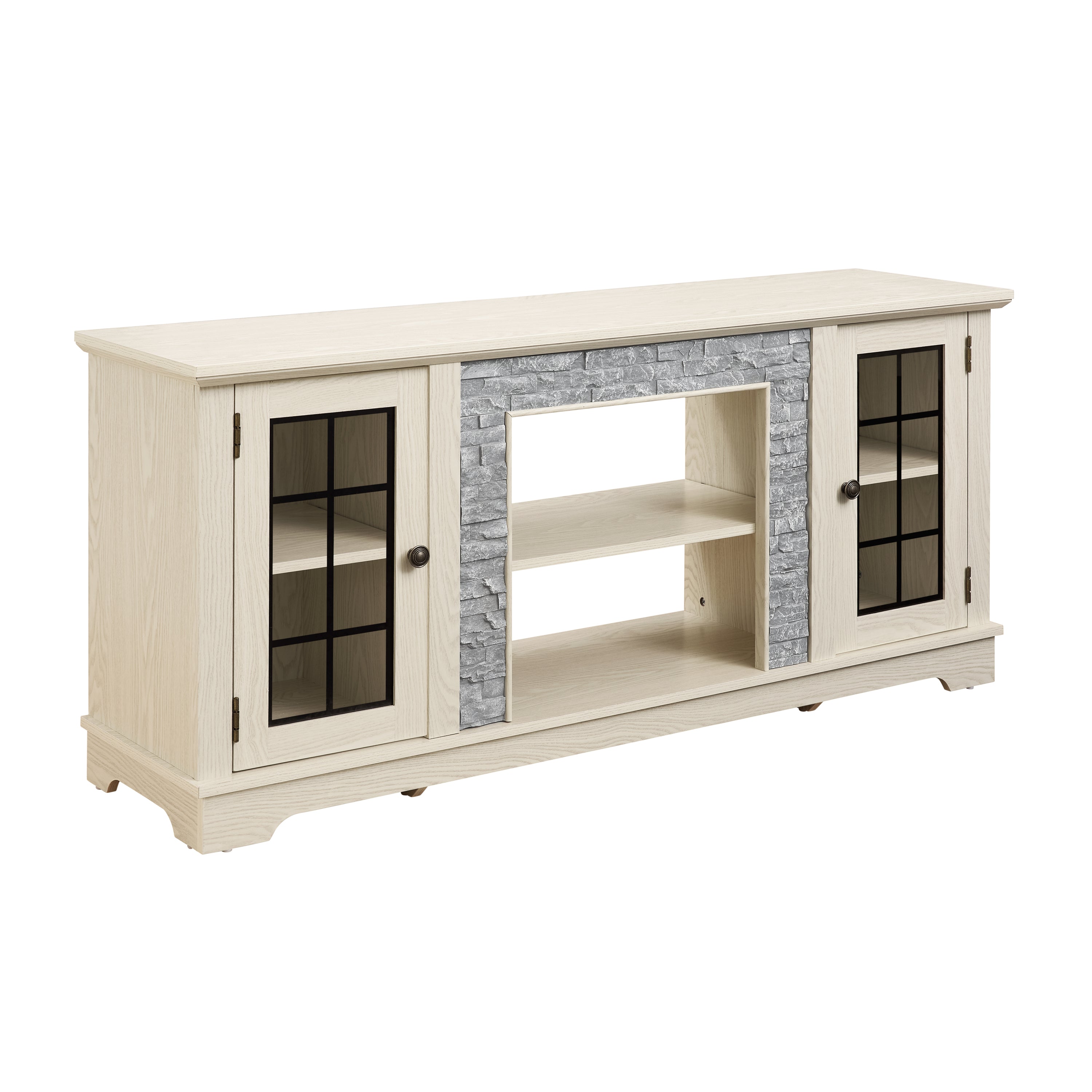 White 58-inch modern TV stand with faux stone finish, 2-door storage, perfect for living room entertainment setup