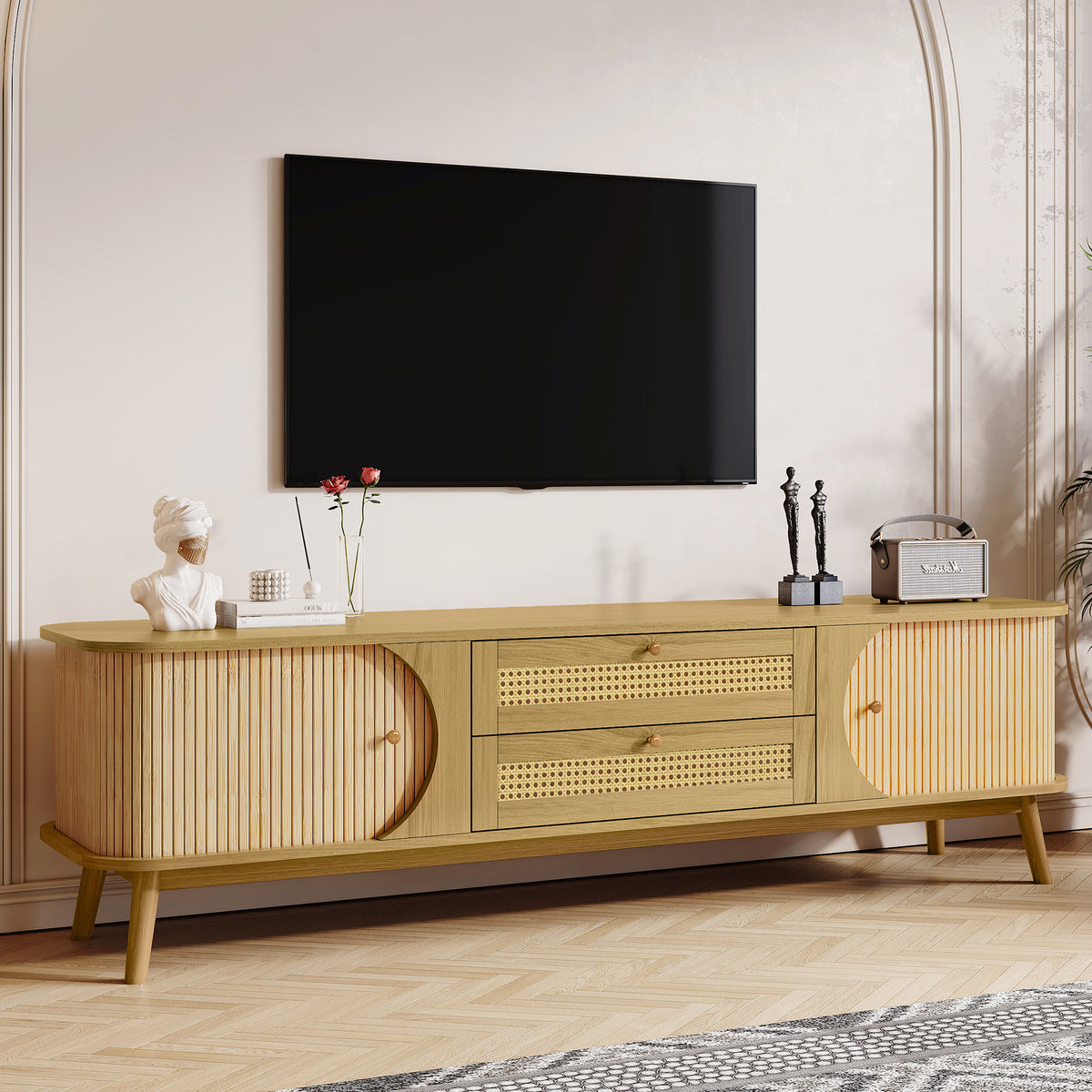 Rattan television console by Anthony & Home featuring a natural woven rattan design and wooden legs for a stylish, functional TV stand.