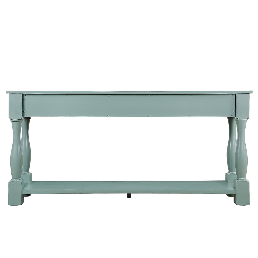 Anthony & Home Atelier Solid Walnut Console Table with 3 drawers, shelf, and retro blue finish, 63 inches long.