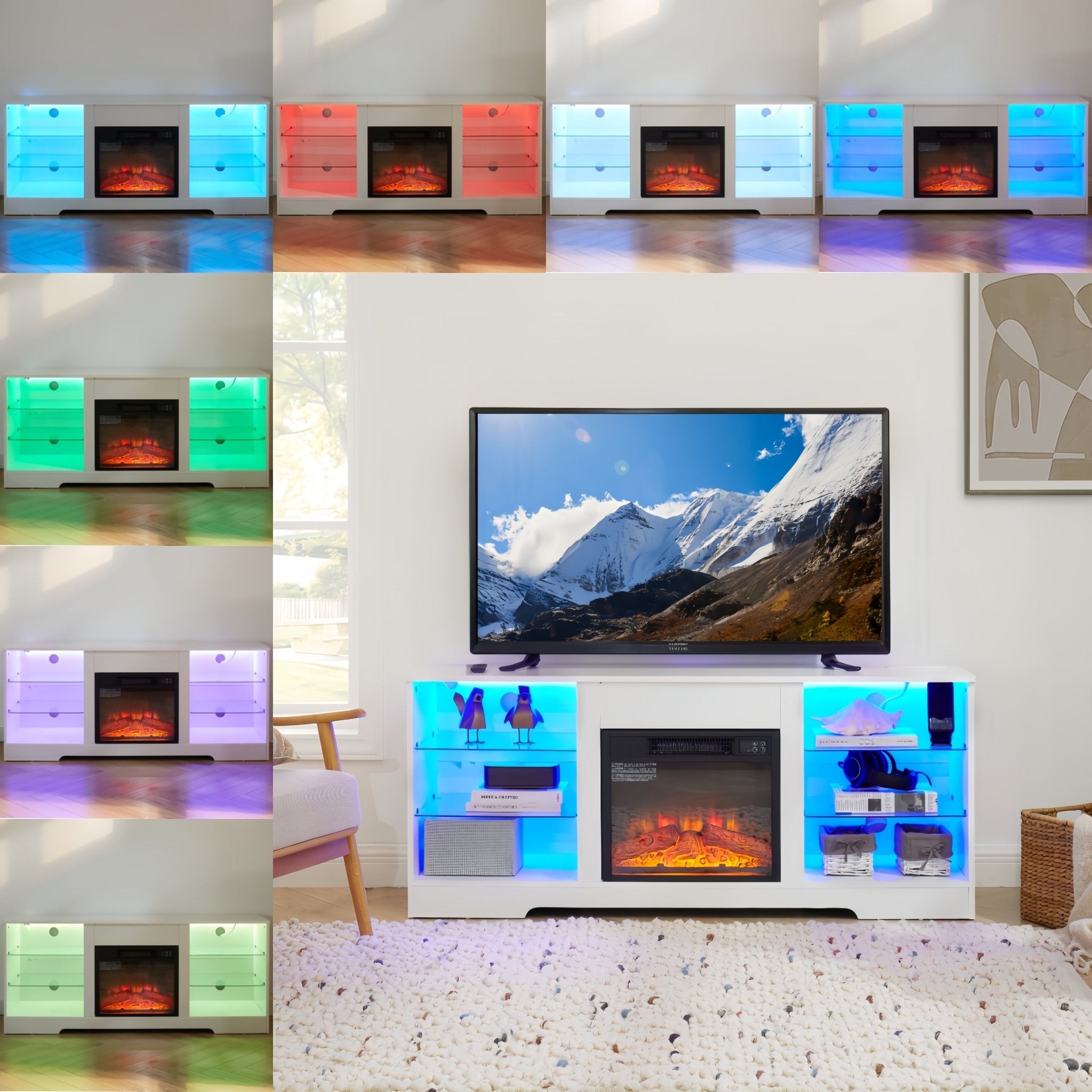 Anthony & Home Electric Fireplace TV Stand Atelier with glass shelves, modern design, and integrated electric fireplace for living room decor.