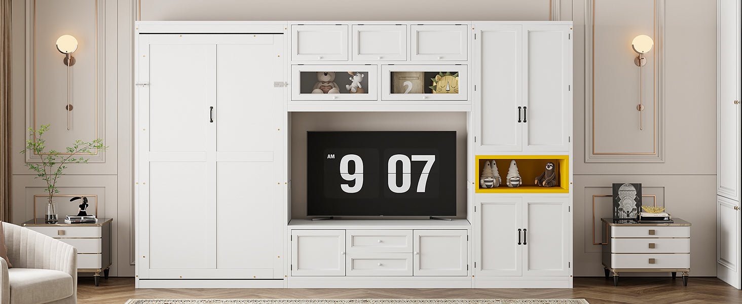 Solid wood white twin Murphy bed with TV stand, two drawers, and cabinets by Anthony & Home.