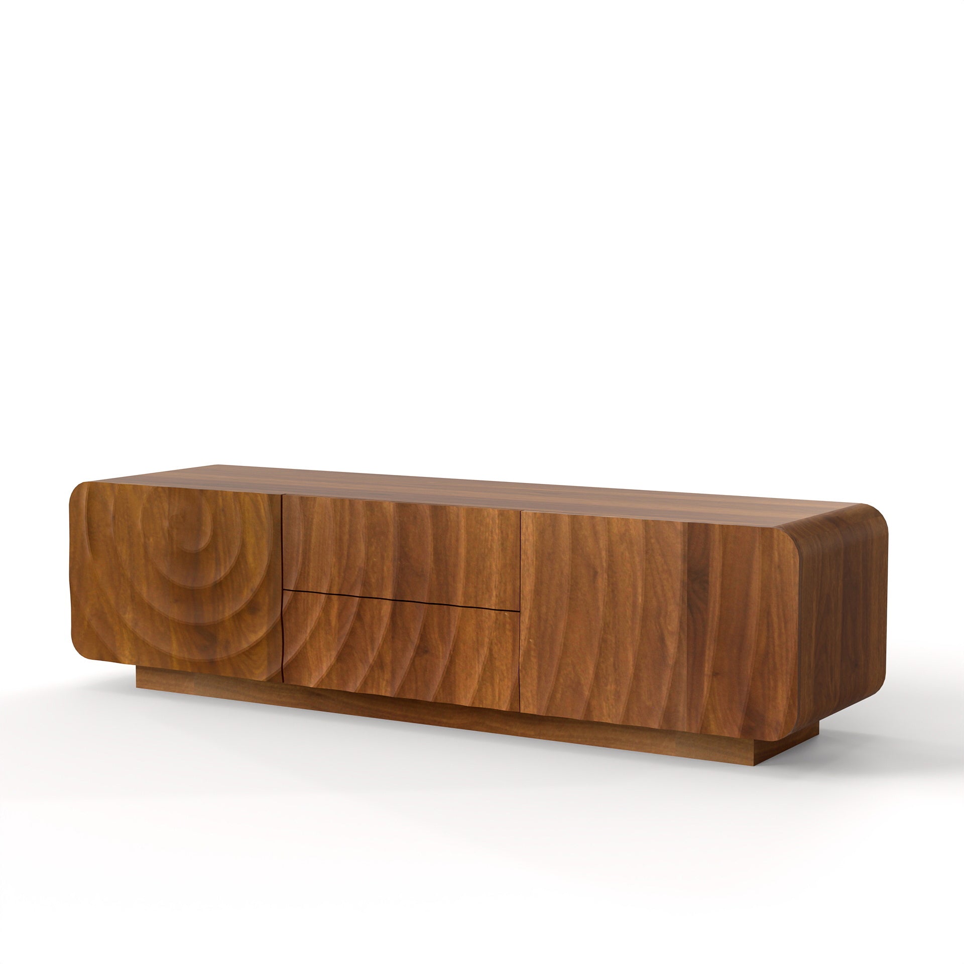 Anthony & Home 58-inch walnut TV console with spiral wave design, storage cabinet, and two drawers for modern living rooms.