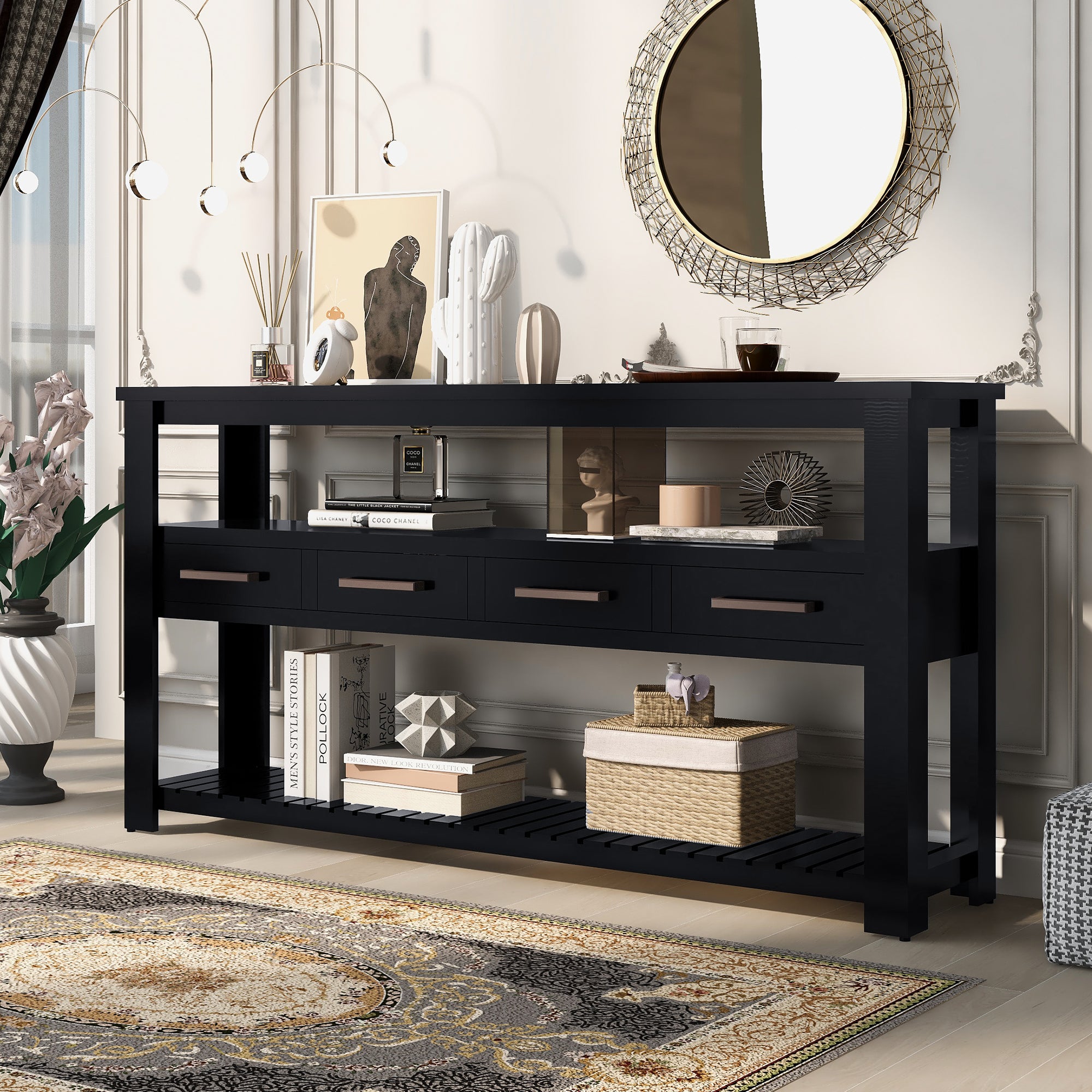 U Style Painted Black MDF Signature Console Table With 4 Drawers And 3 Tier Open Shelves For Foyer And Living Room