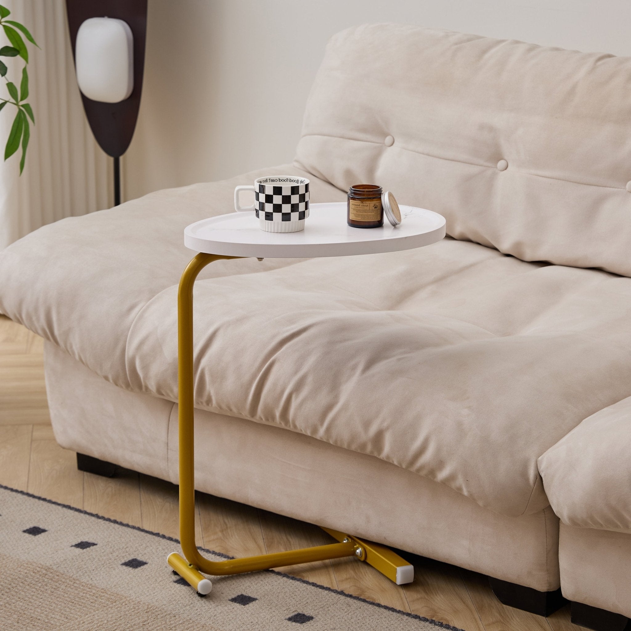 White Metal Luxe Collection C-shaped side table with premium MDF top by Anthony & Home, limited edition decor piece