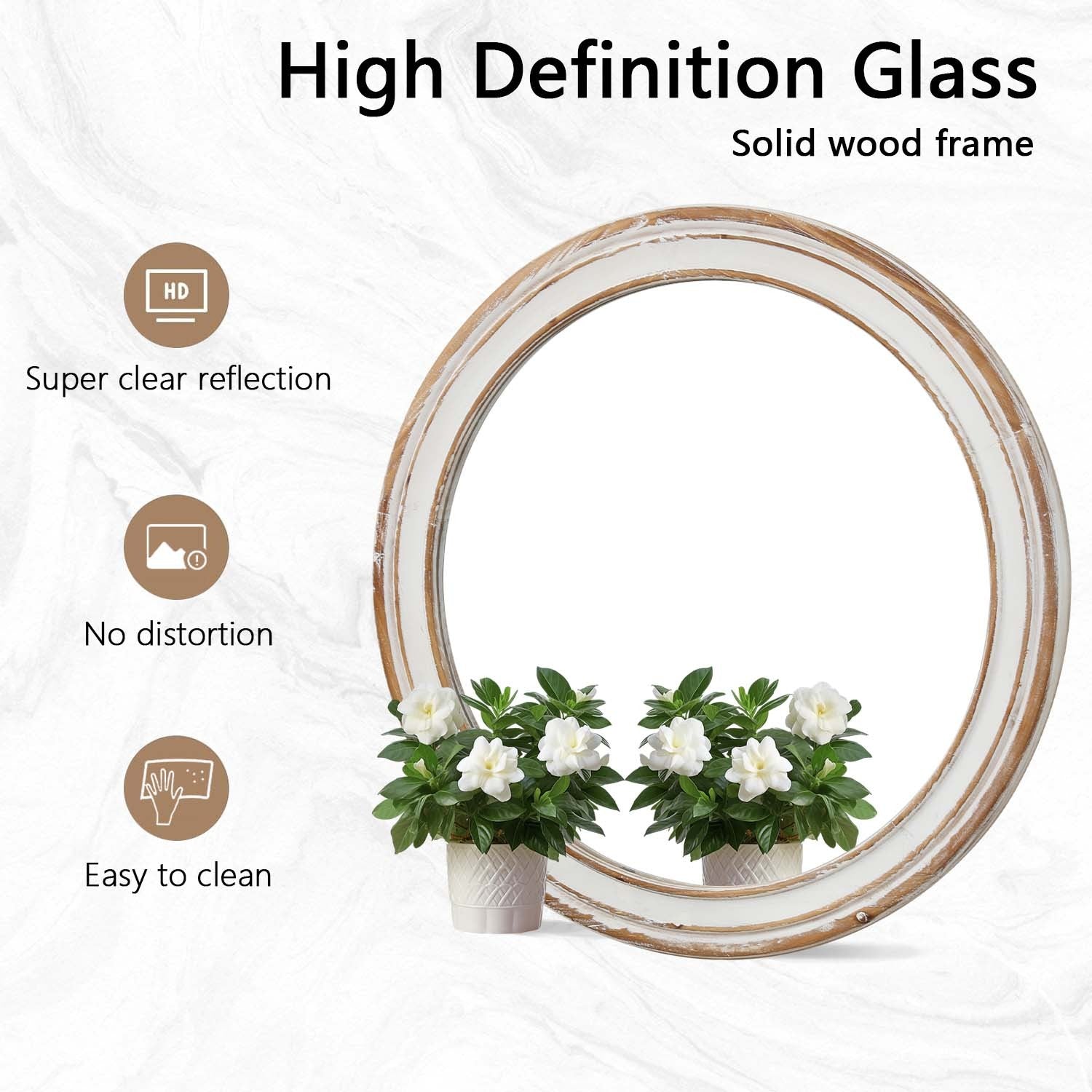 Heritage round wall mirror with distressed wood frame by Anthony & Home, featuring a rustic, vintage-style design.