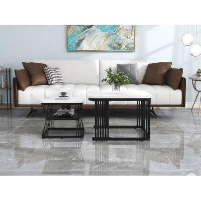 Set Of 2 Tables Square Coffee Table Coffee Table Set Nesting Sofa Table Multi-functional End Side Table Nesting Tables With Black Metal Frame Legs And Marble Pattern White Top For Living Room Home
