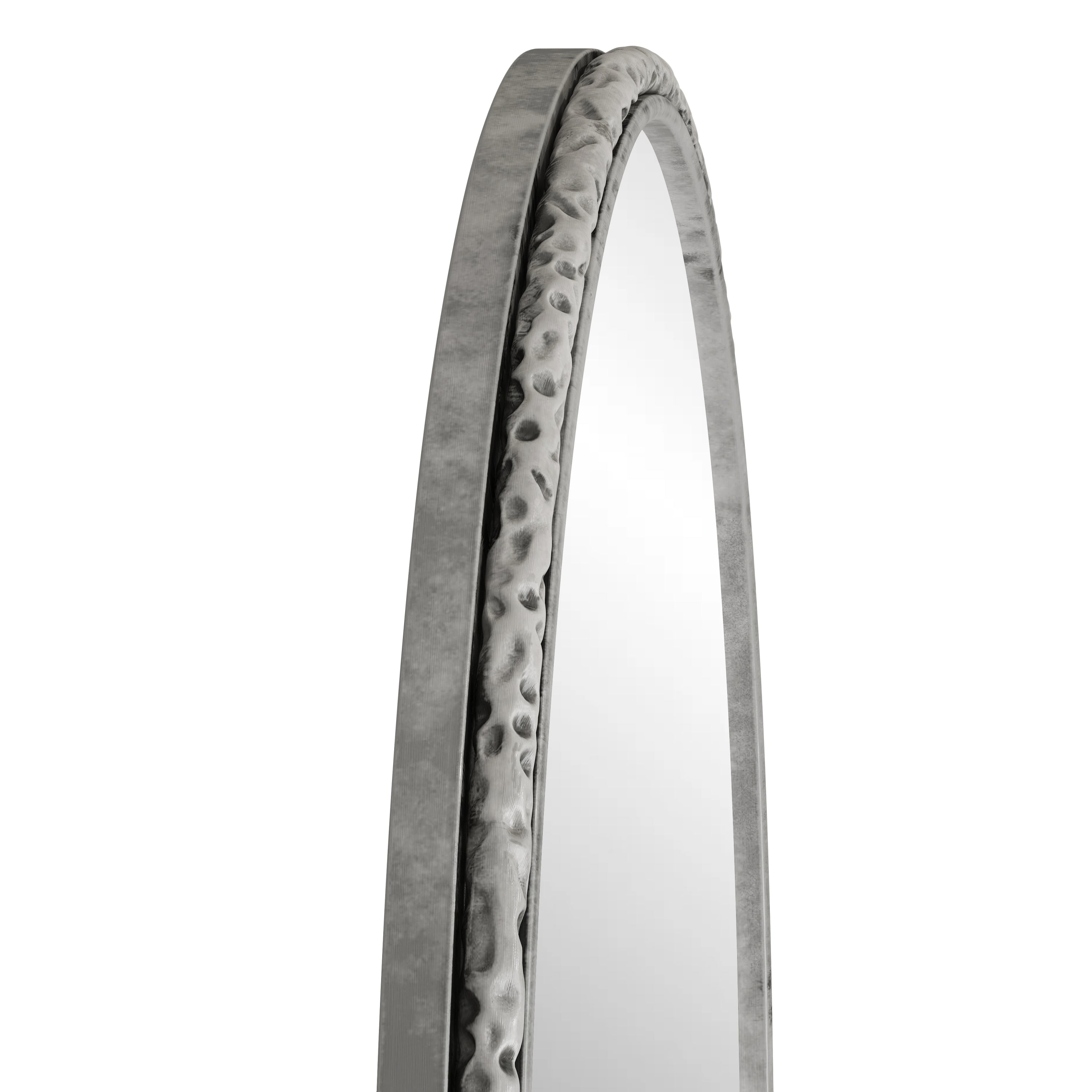 Arched silver mirror with tempered glass frame from Anthony & Home, showcasing a sleek, modern design with reflective surface.