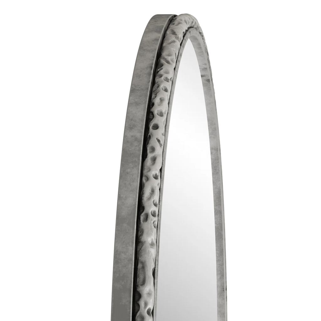 Arched silver mirror with tempered glass frame from Anthony & Home, showcasing a sleek, modern design with reflective surface.