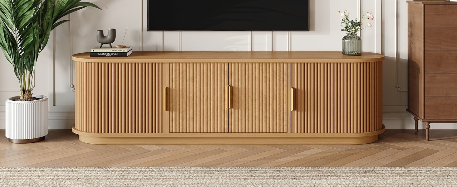 Anthony & Home Studio Collection TV stand with gold handles, modern wooden design, and sleek storage compartments.