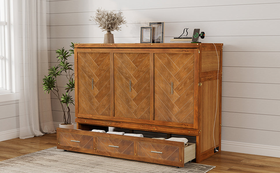Queen size walnut Murphy bed with geometric panel and USB charging ports from Anthony & Home Studio Collection.