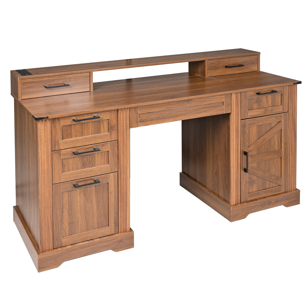 Dark walnut farmhouse office desk with barn door, monitor stand, and built-in charging station by Anthony & Home