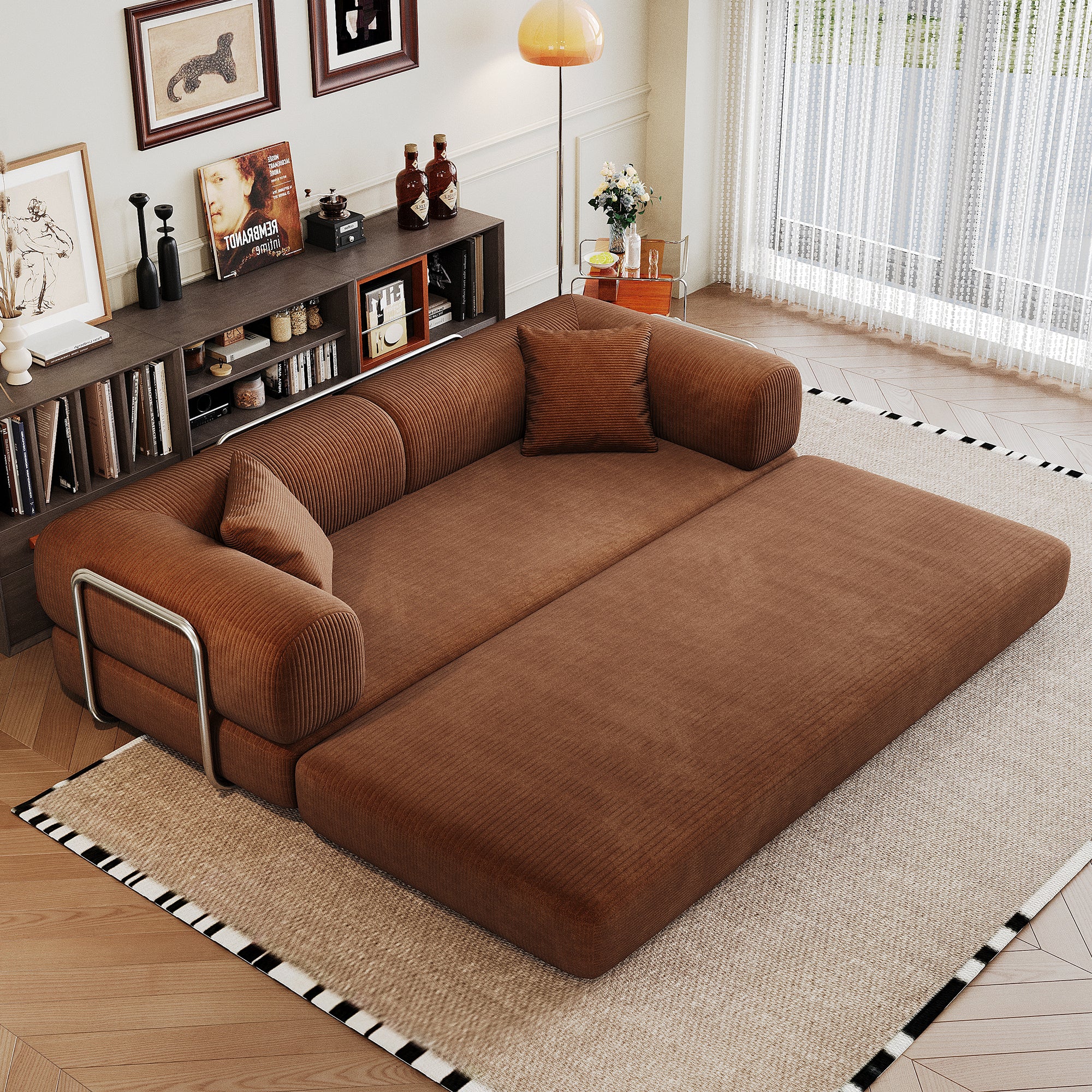 Corduroy Studio Convertible Sofa Bed by Anthony & Home, showing the plush, brown fabric and compact design suitable for small spaces.