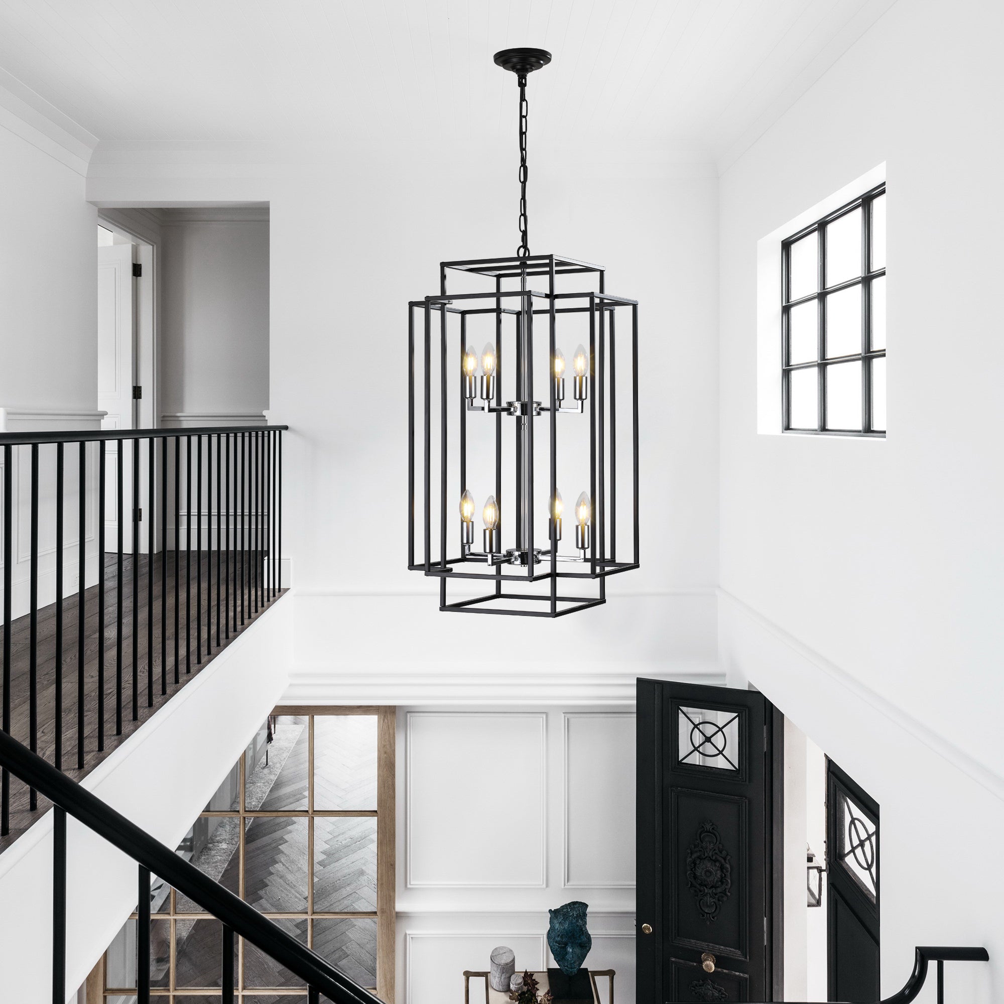 Geometric chrome pendant chandelier with 8 lights from Anthony & Home, modern design for contemporary living spaces.