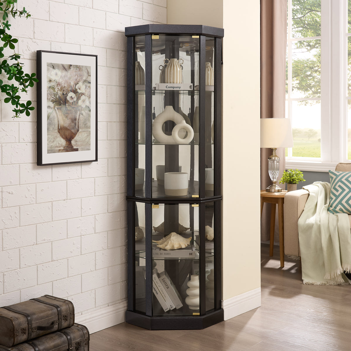 Anthony & Home Heritage lighted corner curio cabinet with glass display for antiques and wine collections, showcasing elegant storage.