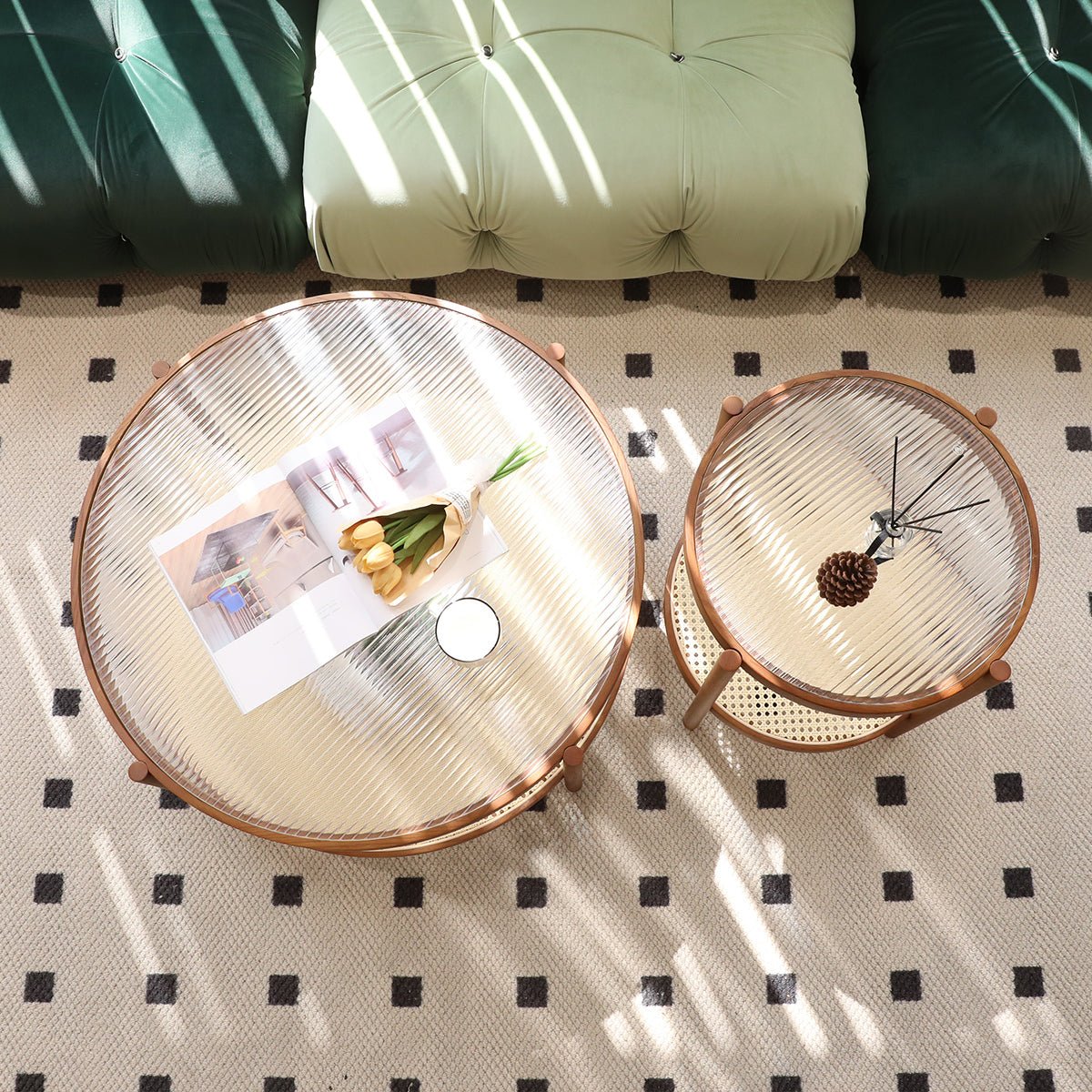 Nesting round wood coffee tables from Anthony & Home with tempered glass tops, modern and stylish living room accents.