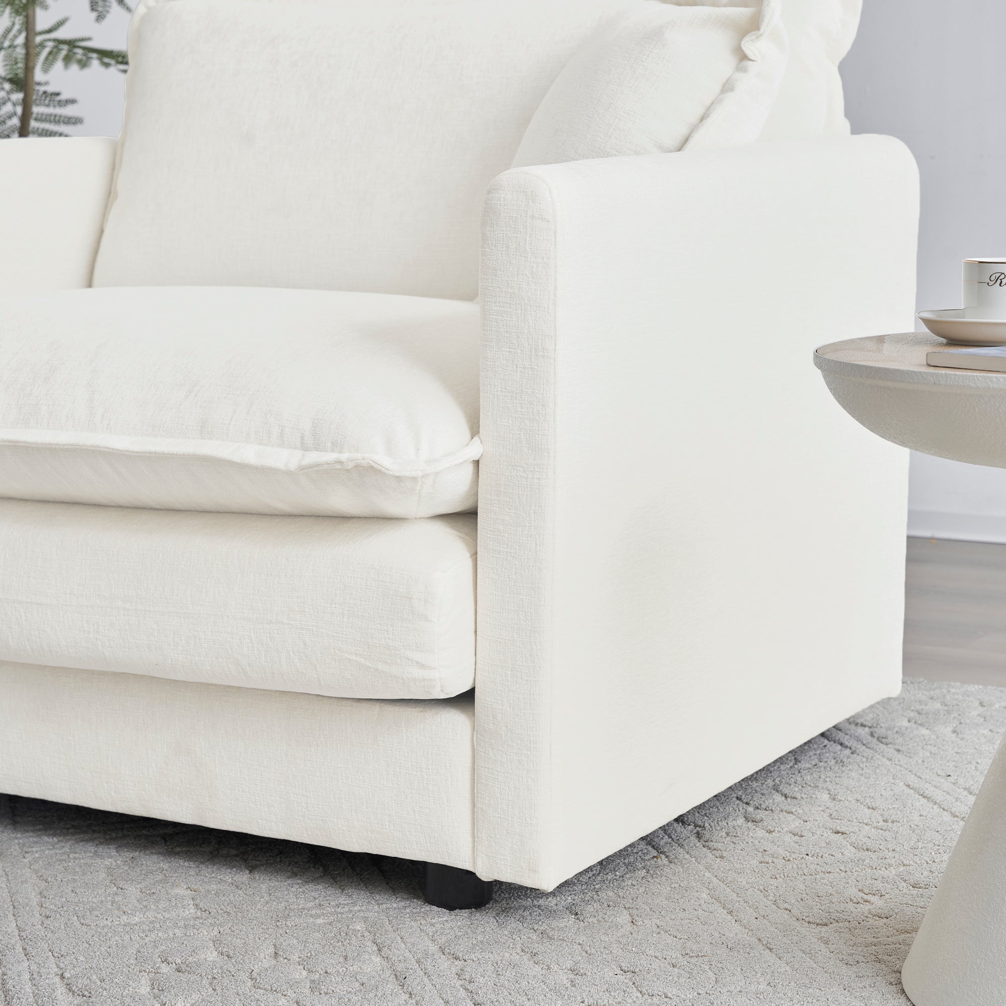 White chenille Luxe modular L-shaped sectional sofa with reversible ottoman by Anthony & Home, showcasing plush upholstery and modern design.