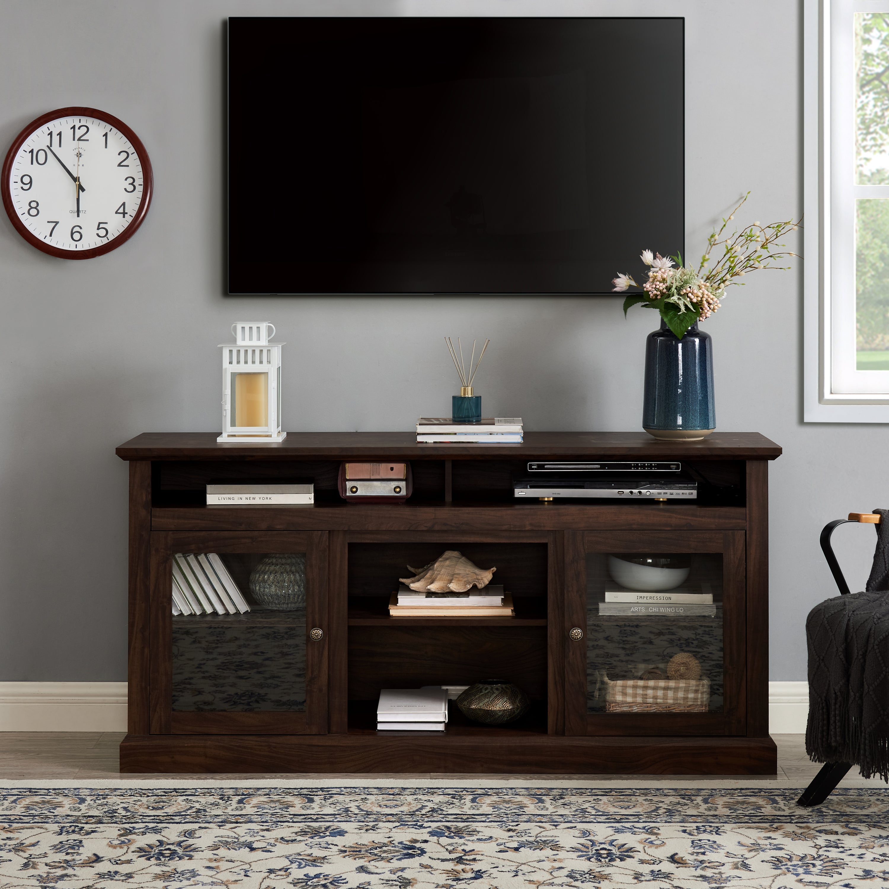 Anthony & Home Atelier Collection TV console for 65-inch TVs in a brown finish, minimalist entertainment cabinet with sleek design.