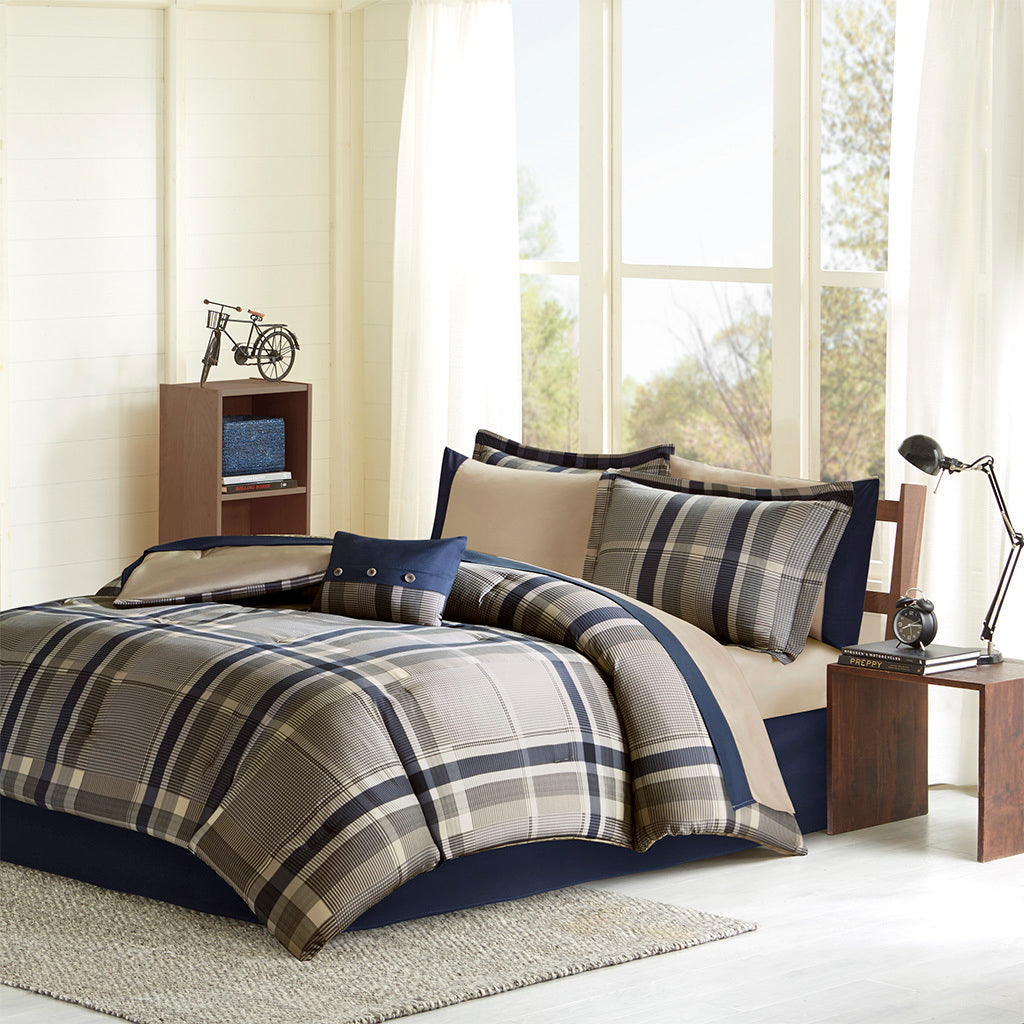 Navy Twin XL Polyester Plaid Comforter Set With Bed Sheets Timeless Limited Edition