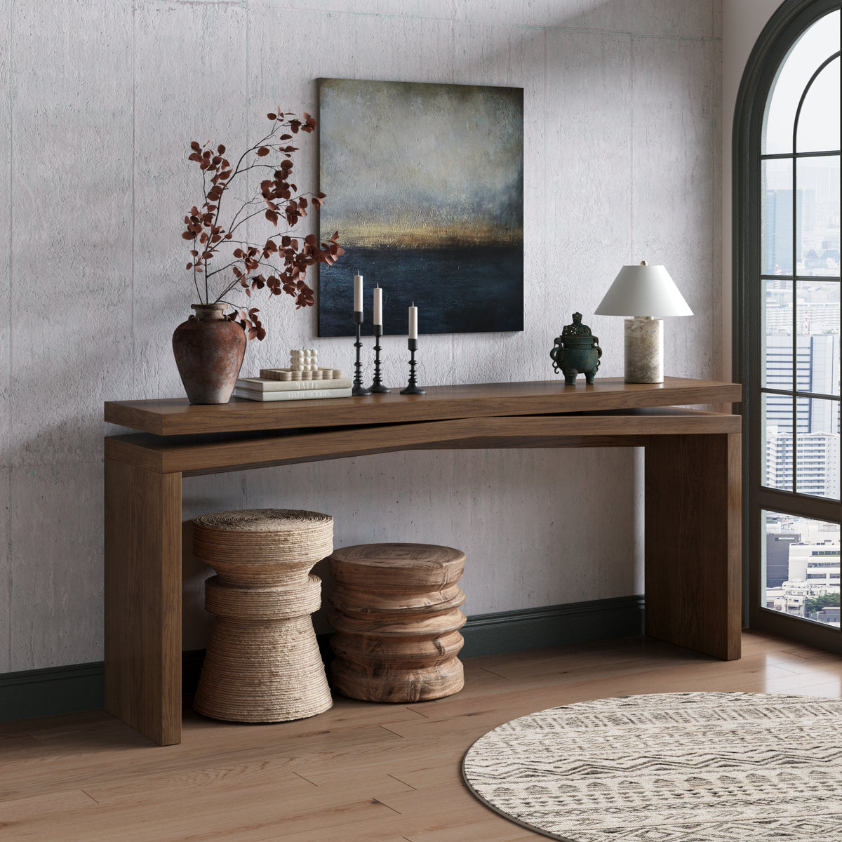 Antique rustic brown Anthony & Home 65-inch solid wood veneer console table with sleek design for entryway decor.