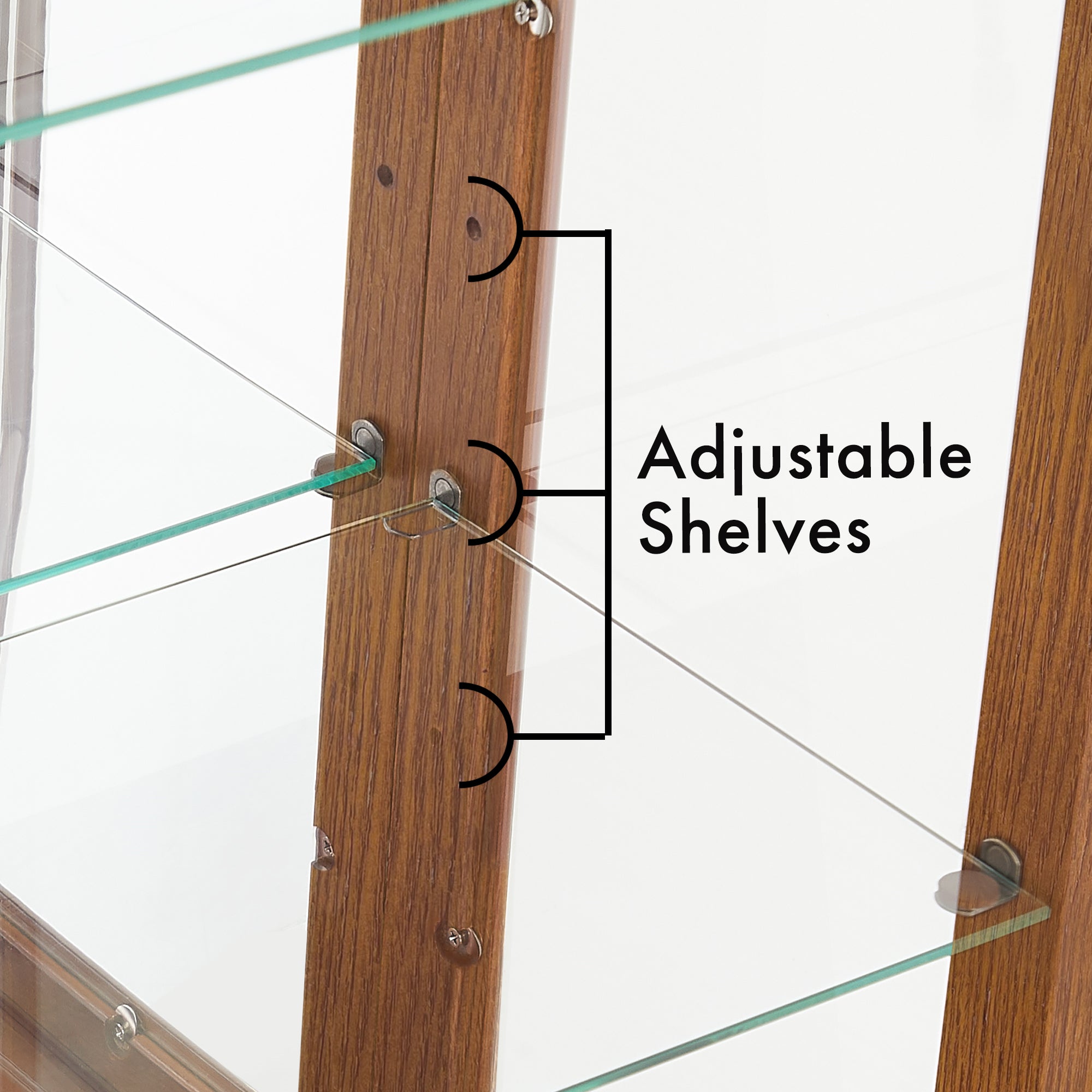Lighted oak finish curio cabinet with mirrored back and glass shelves by Anthony & Home.