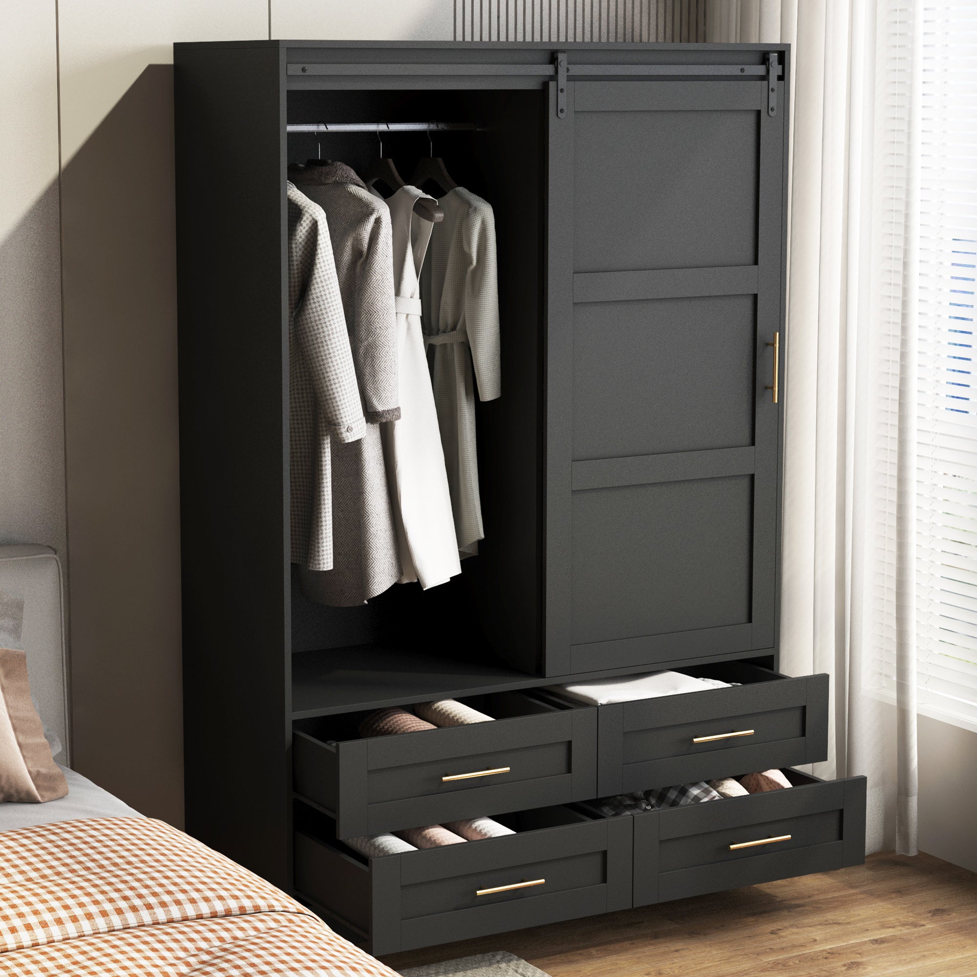 Anthony & Home Atelier Eco MDF tall armoire wardrobe with barn door, showcasing sleek wood finish and modern storage design.