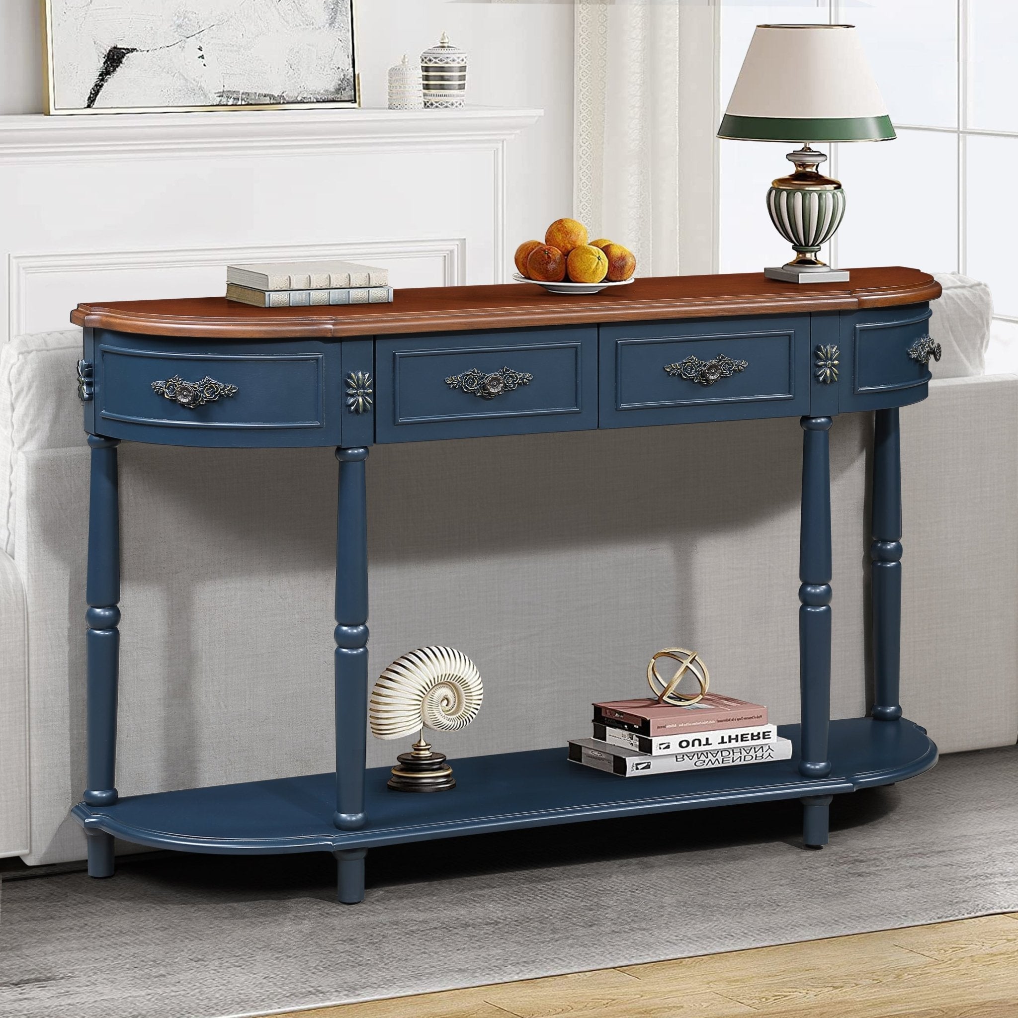 Anthony & Home navy blue solid pine retro curved console table with warm brown-toned top, stylish and vintage-inspired furniture piece.