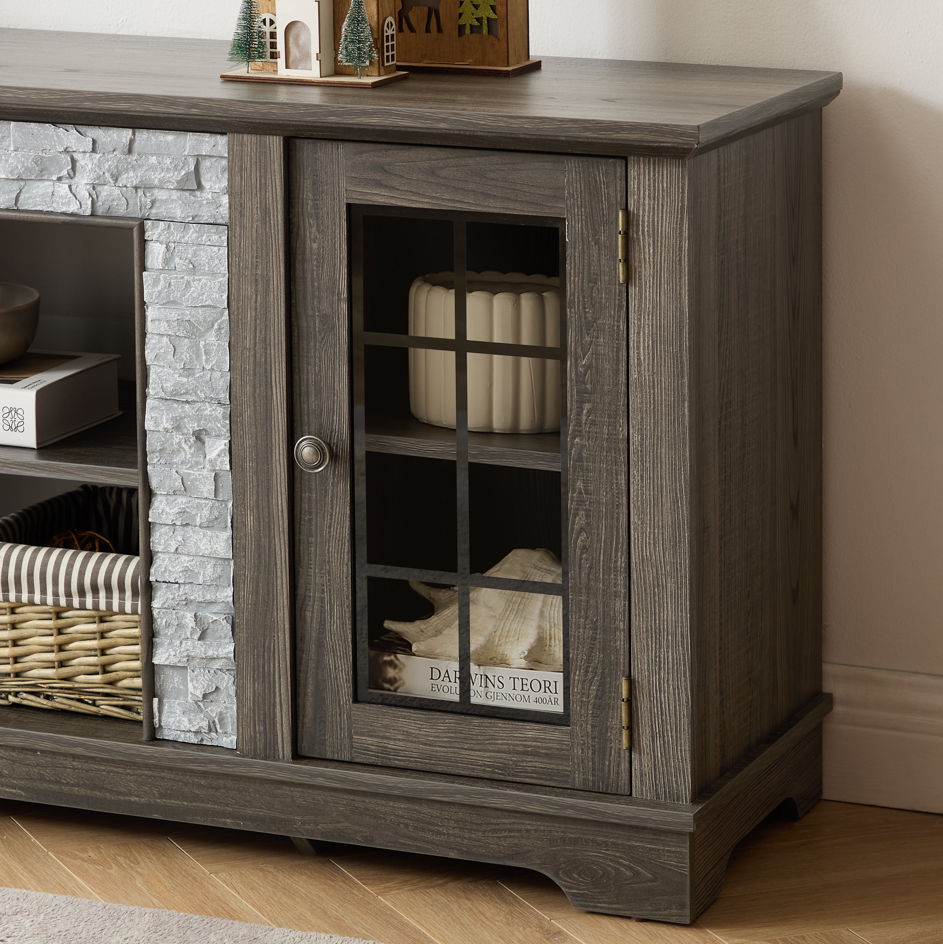 Anthony & Home Atelier faux stone TV stand in grey with sleek modern design and spacious storage compartments.