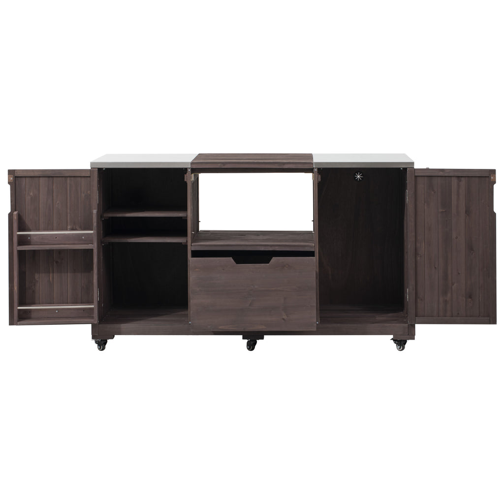 Anthony & Home Atelier Edition outdoor kitchen island with solid wood construction for Kamado grills, featuring spacious workspace and storage.