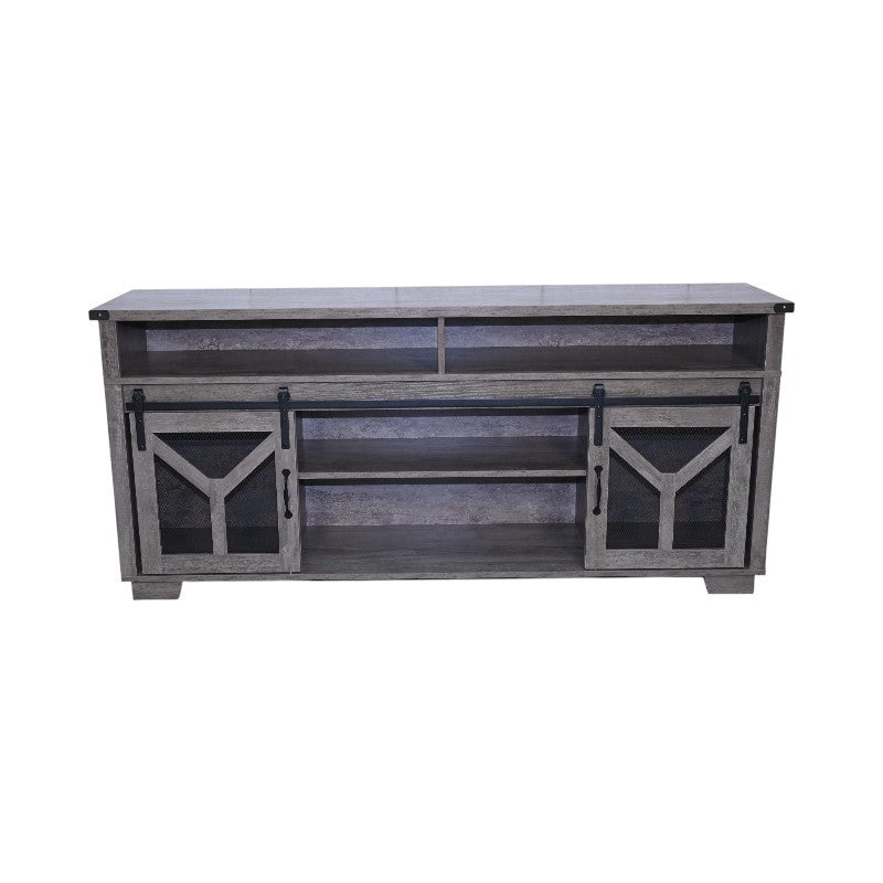 Iron mesh barn door TV stand by Anthony & Home, Signature Edition with rustic iron mesh design and wooden accents.
