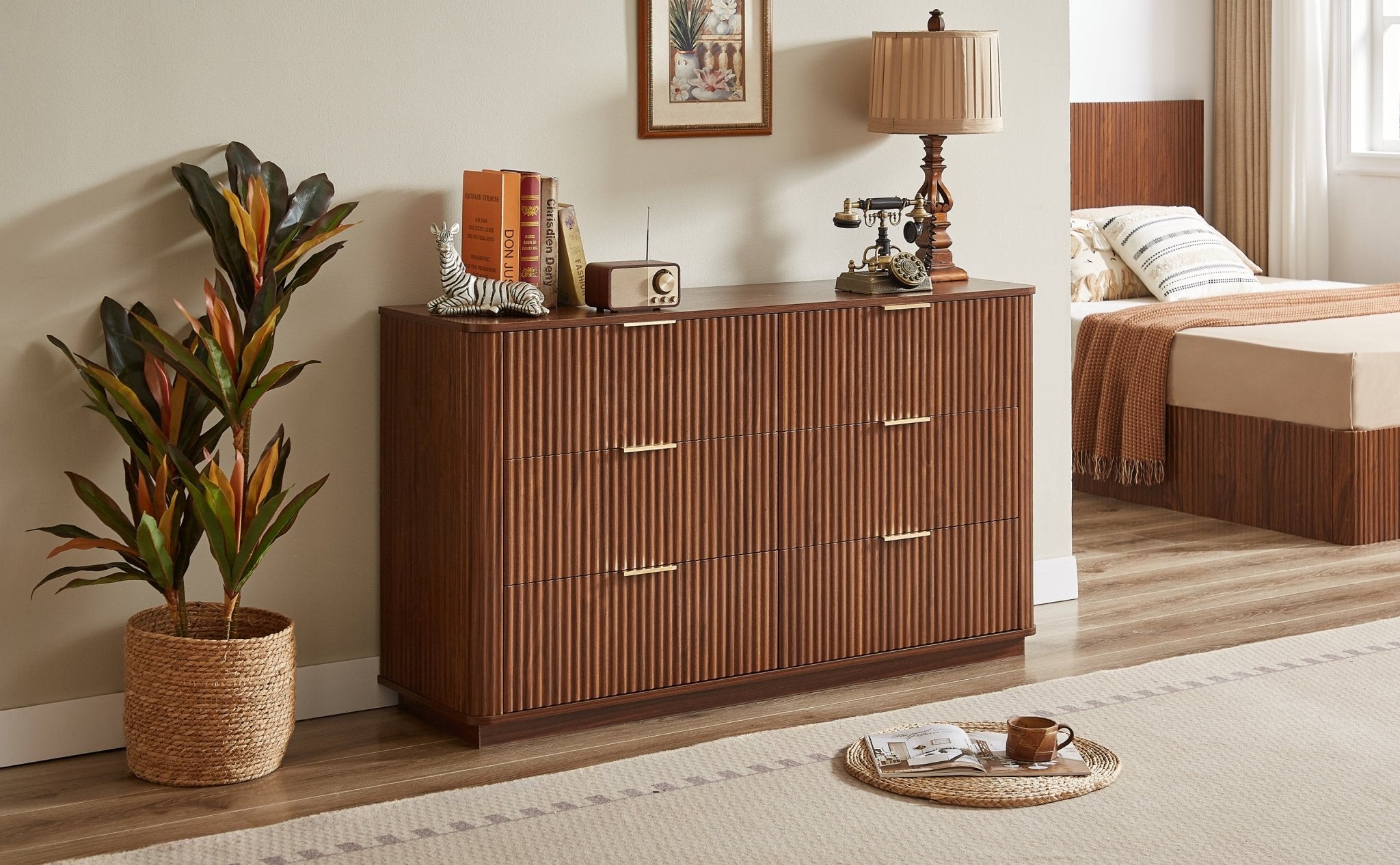 Walnut Wave six-drawer dresser and TV stand by Anthony & Home, 55-inch wide with a curved profile from the Studio Collection.