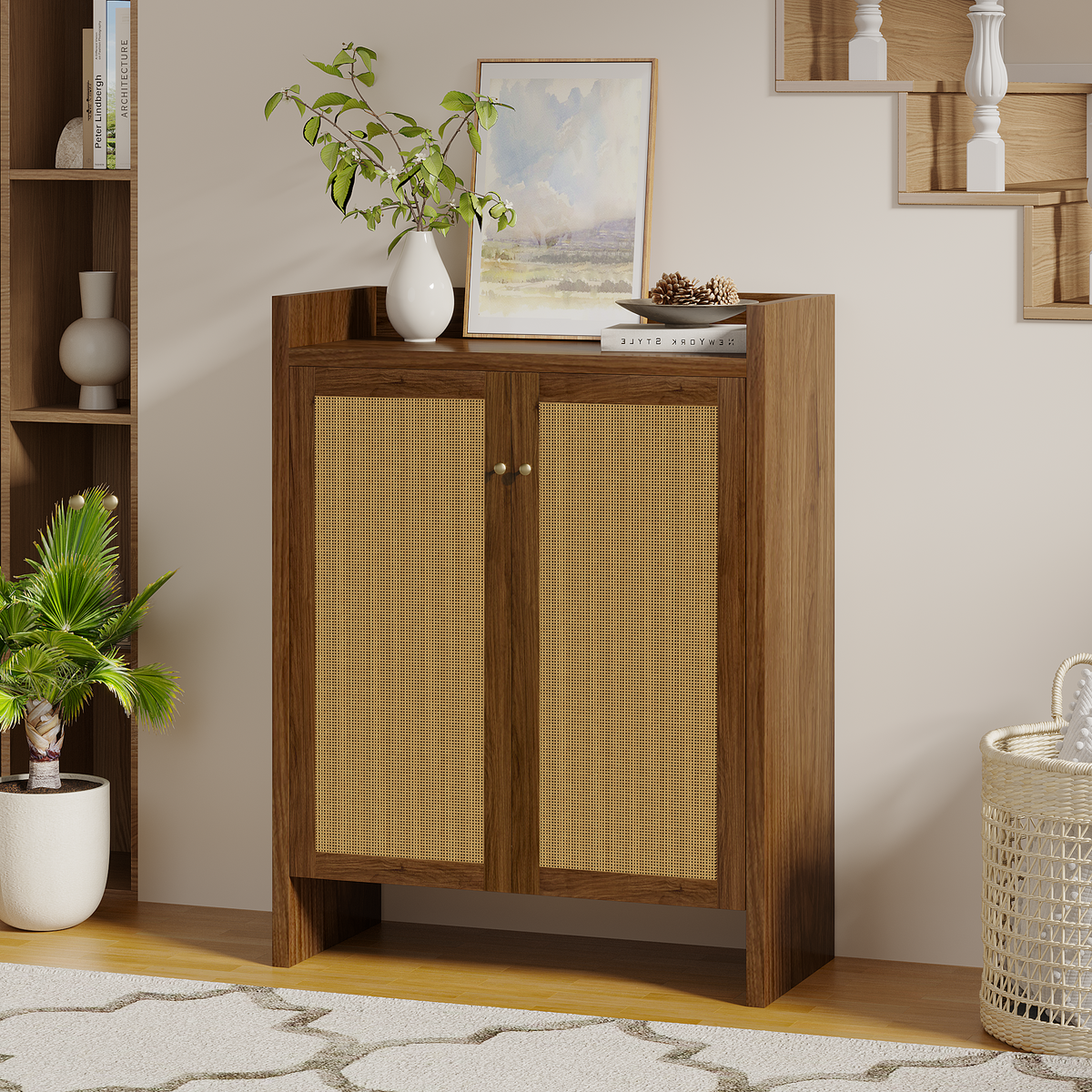 Walnut finish Anthony & Home 6-tier shoe cabinet with freestanding design, ideal for entryway organization and storage.