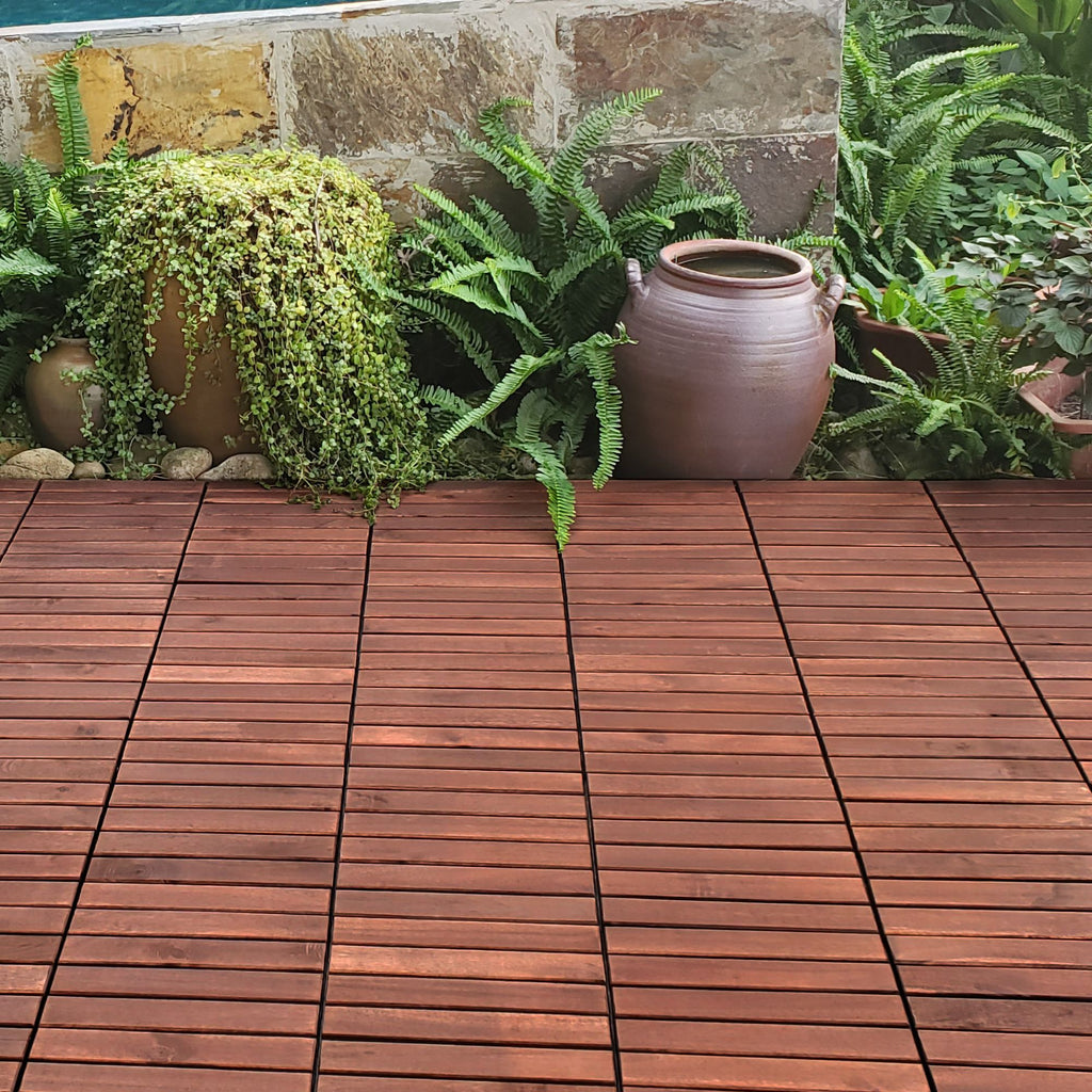Anthony & Home Acacia Studio Interlocking Deck Tiles with striped design, 12-inch square outdoor flooring for patios and decks.