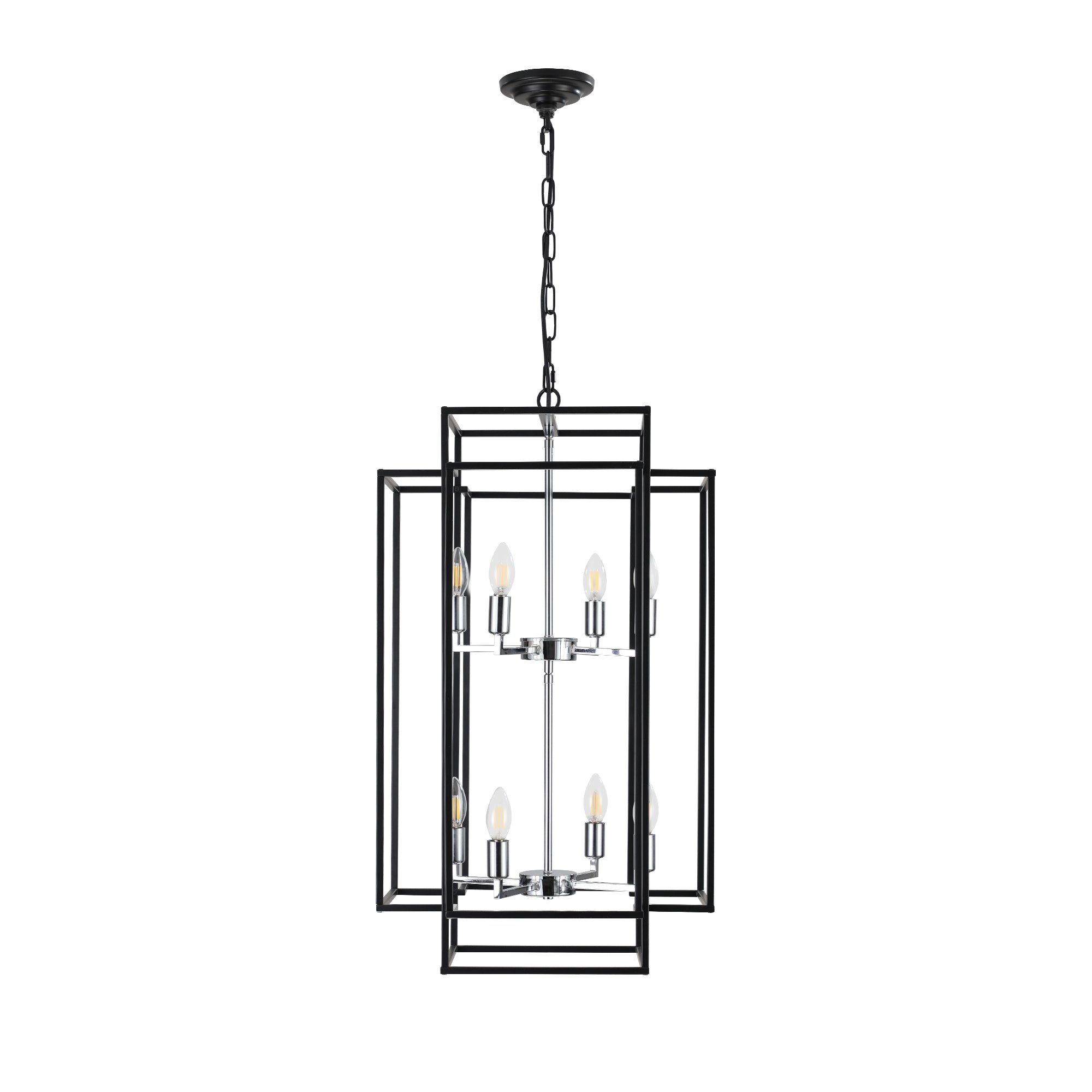 Geometric chrome pendant chandelier with 8 lights, modern Anthony & Home Atelier design, featuring sleek metallic geometric shapes.