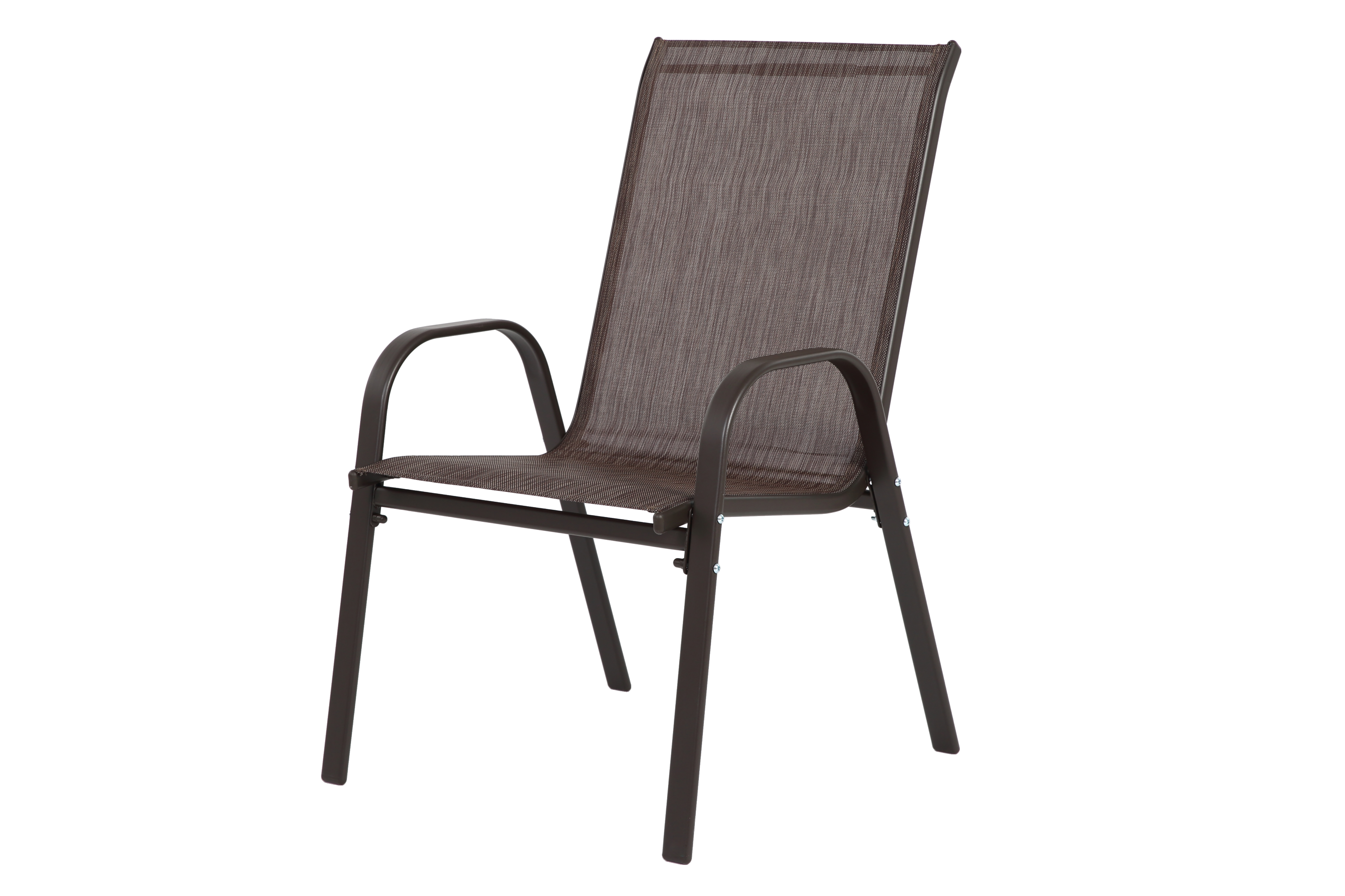 Set of 6 Anthony & Home Textilene patio chairs with high back in brown, featuring durable outdoor seating and armrests.