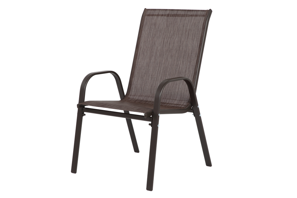 Set of 6 Anthony & Home Textilene patio chairs with high back in brown, featuring durable outdoor seating and armrests.