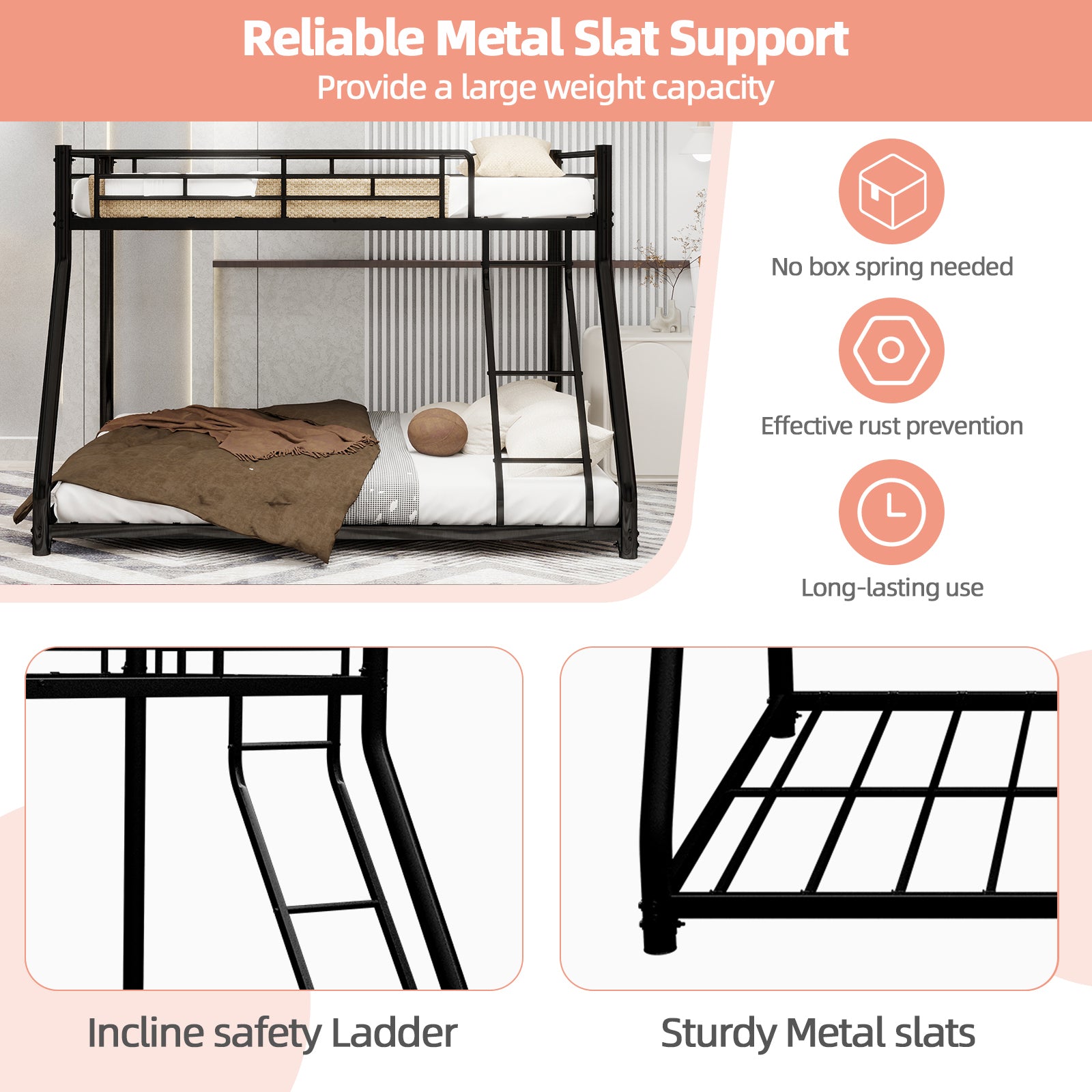 Black metal twin-over-full bunk bed frame with ladder and full-length guard rail from Anthony & Home Heritage Collection.