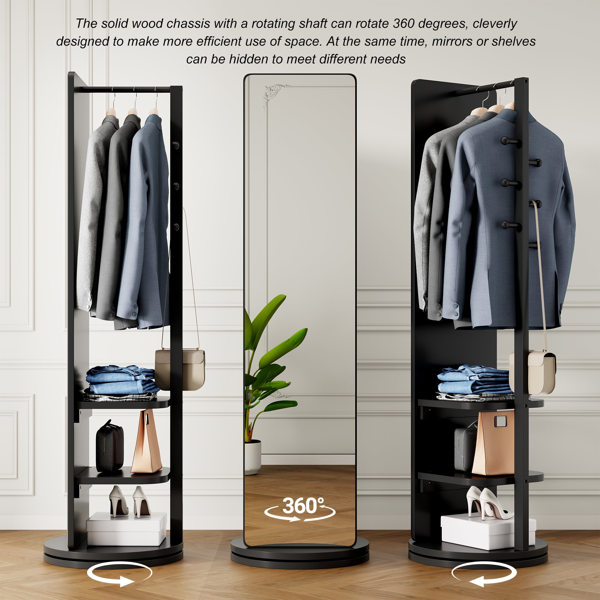 Rubberwood 360-degree rotating full-length mirror by Anthony & Home showing a sleek, modern design with a sturdy wooden frame.