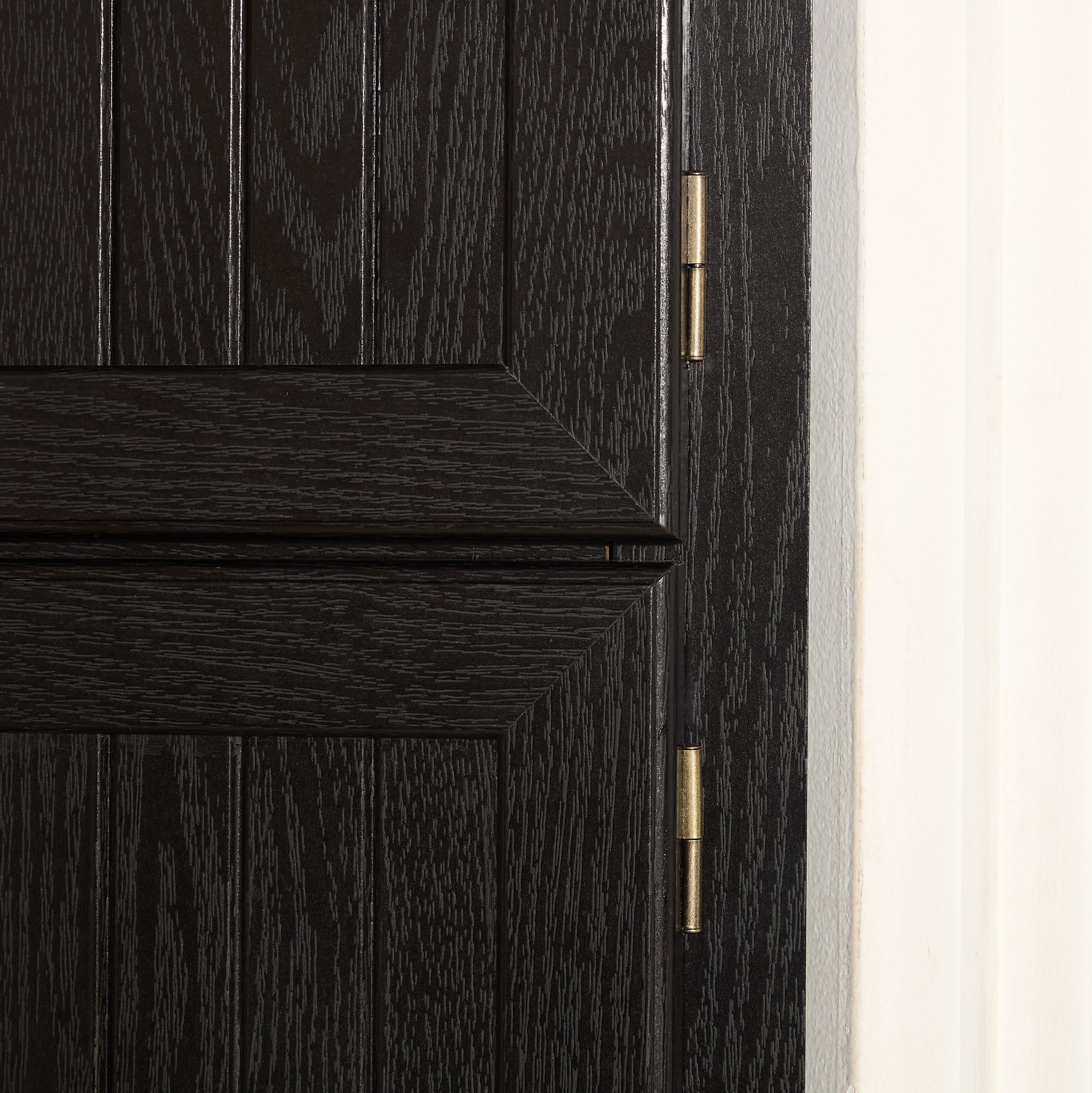 Corner pantry cabinet by Anthony & Home in matte black finish, featuring storage shelves and modern design.