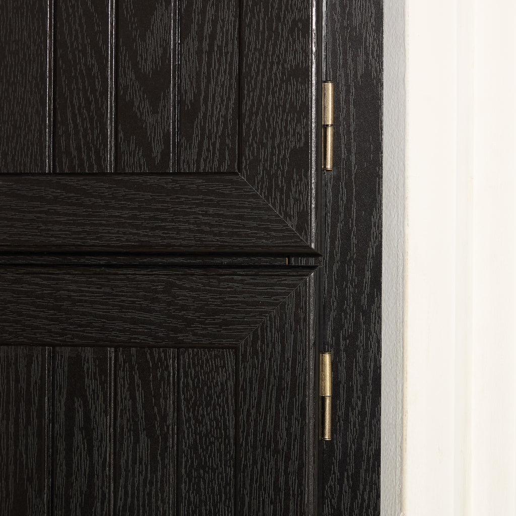 Corner pantry cabinet by Anthony & Home in matte black finish, featuring storage shelves and modern design.