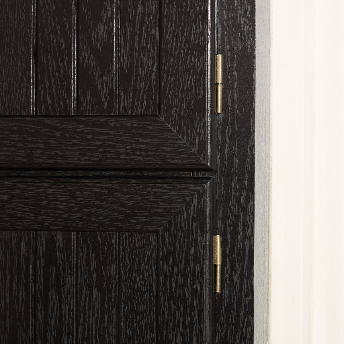 Corner pantry cabinet by Anthony & Home in matte black finish, featuring storage shelves and modern design.