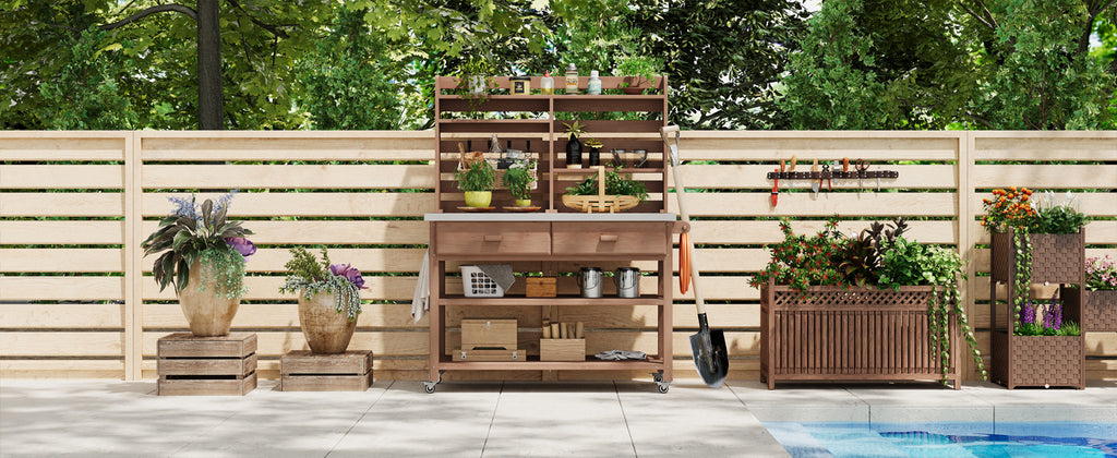 Anthony & Home outdoor potting bench with stainless steel top, featuring a sturdy wooden frame and ample workspace for gardening tasks.