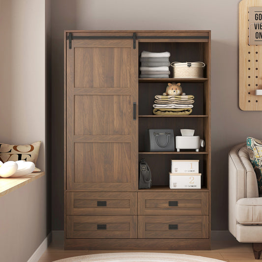 Eco Friendly MDF Tall Bedroom Armoire Wardrobe With Barn Door And Hanging Rod Signature Collection