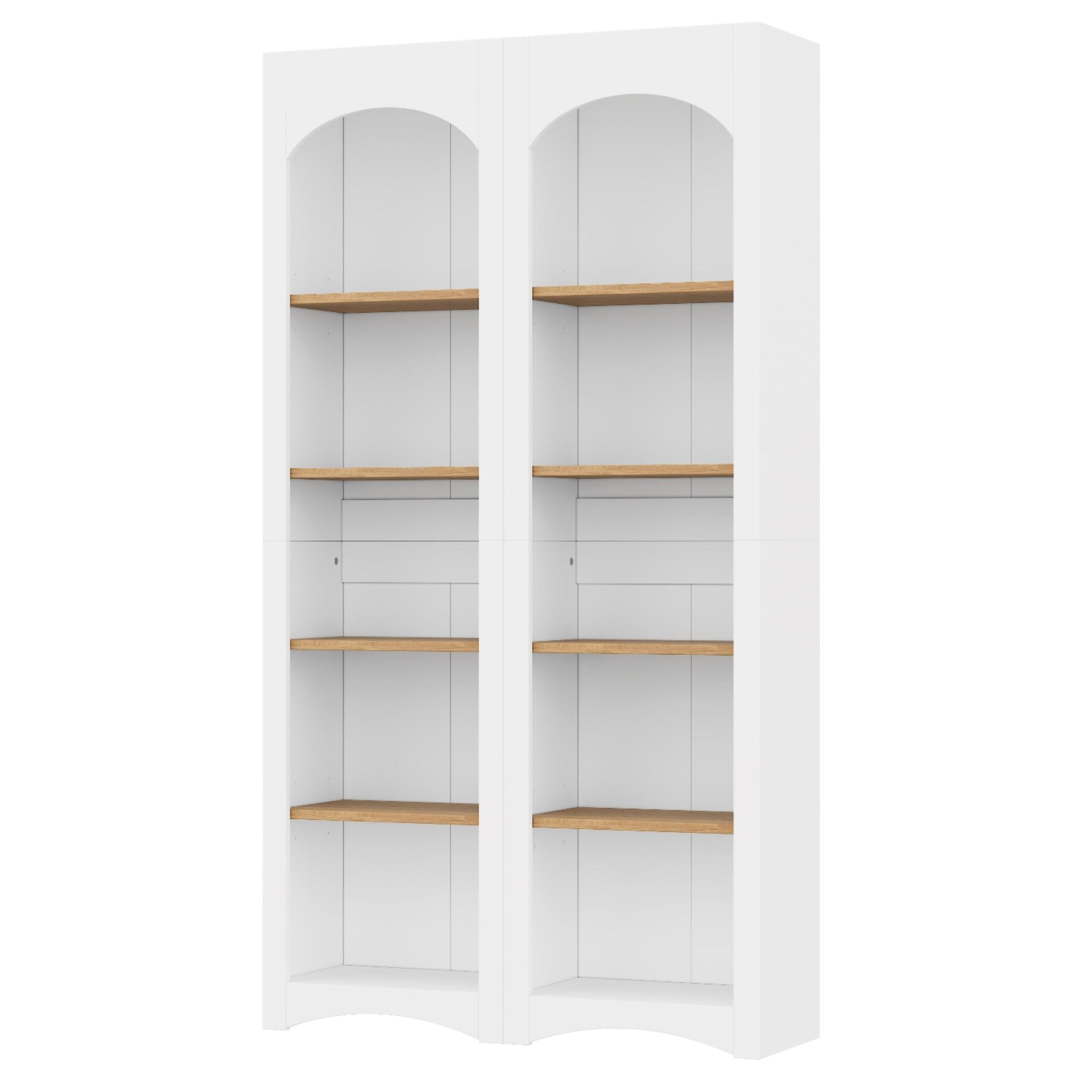 Two-tone wood-grain free-standing bookshelves by Anthony & Home with multiple shelves for storage and display.