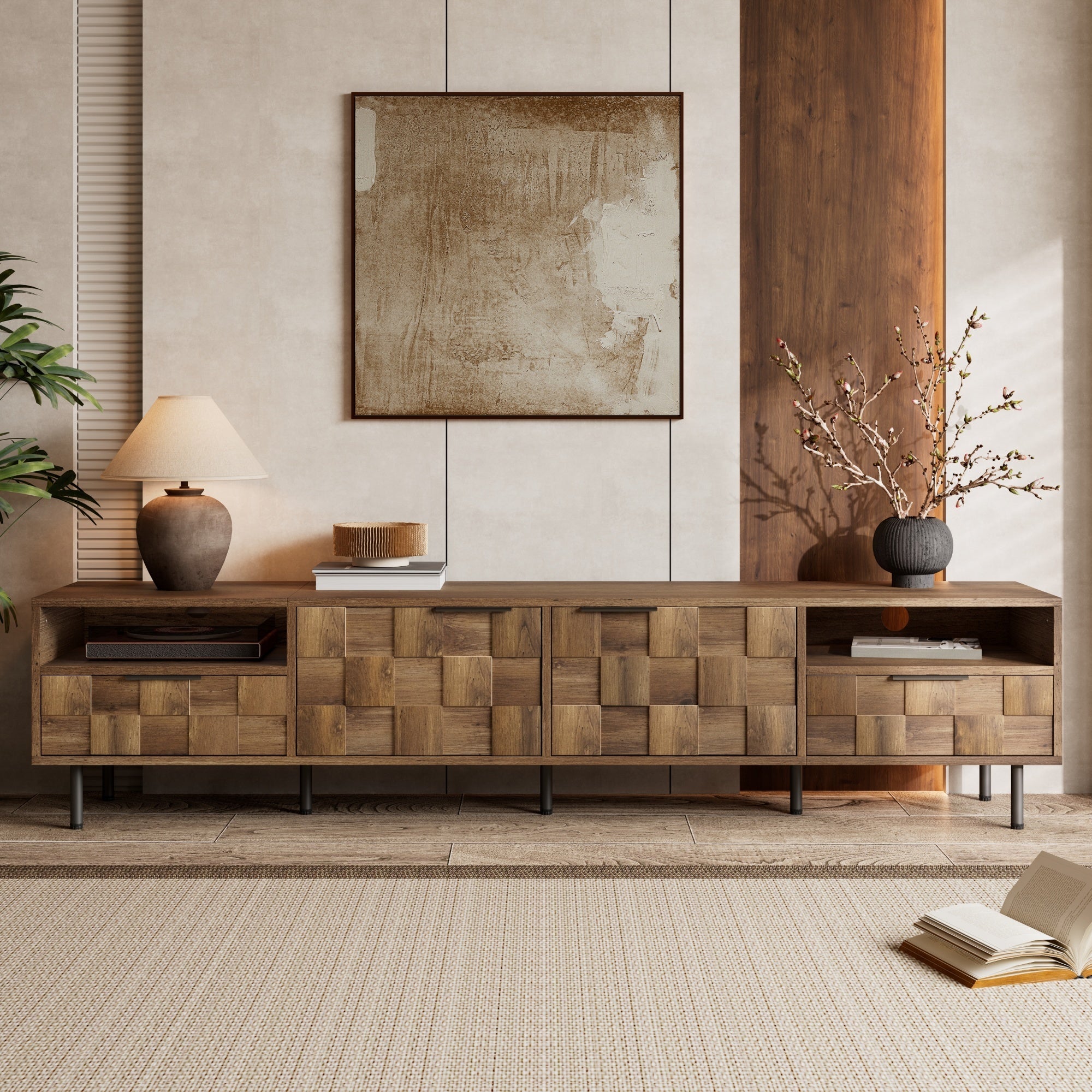 Mid-Century Anthony & Home TV stand with natural finish, featuring two drawers and a sleek studio design.