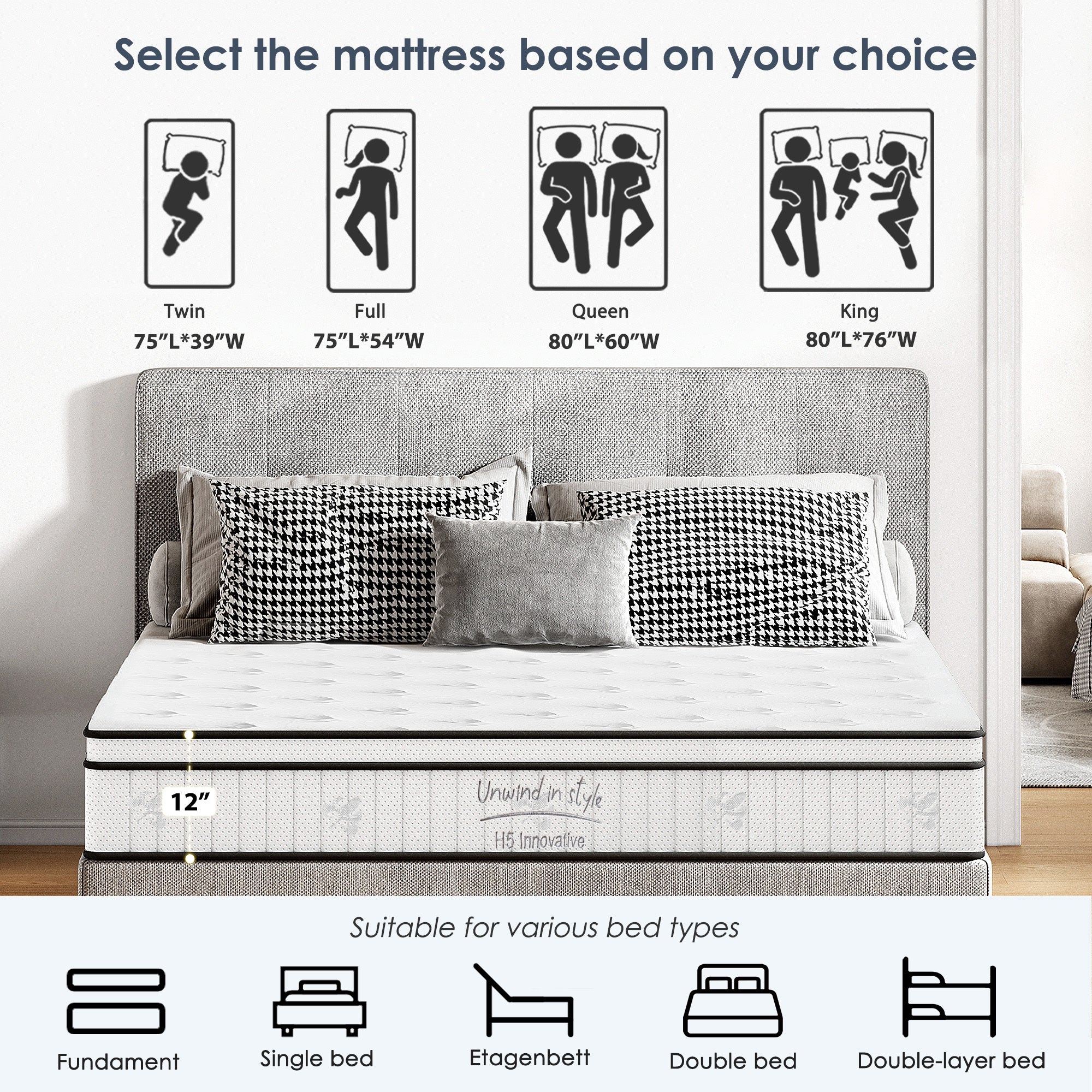 Full-size Anthony & Home hybrid mattress with pocketed innerspring coils, part of the Signature Collection for refined sleep comfort.