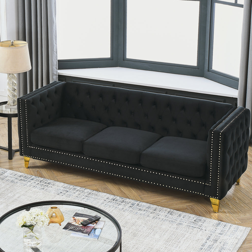 Black Atelier Velvet Tufted 3-Seater Sofa by Anthony & Home with metal legs, showcasing plush velvet upholstery and elegant tufted design.