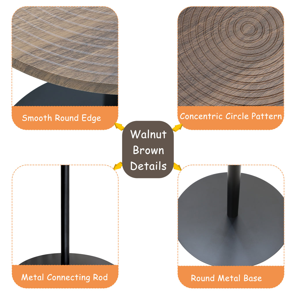Set of 2 Anthony & Home walnut round side tables with black metal pedestal bases, featuring a concentric design.
